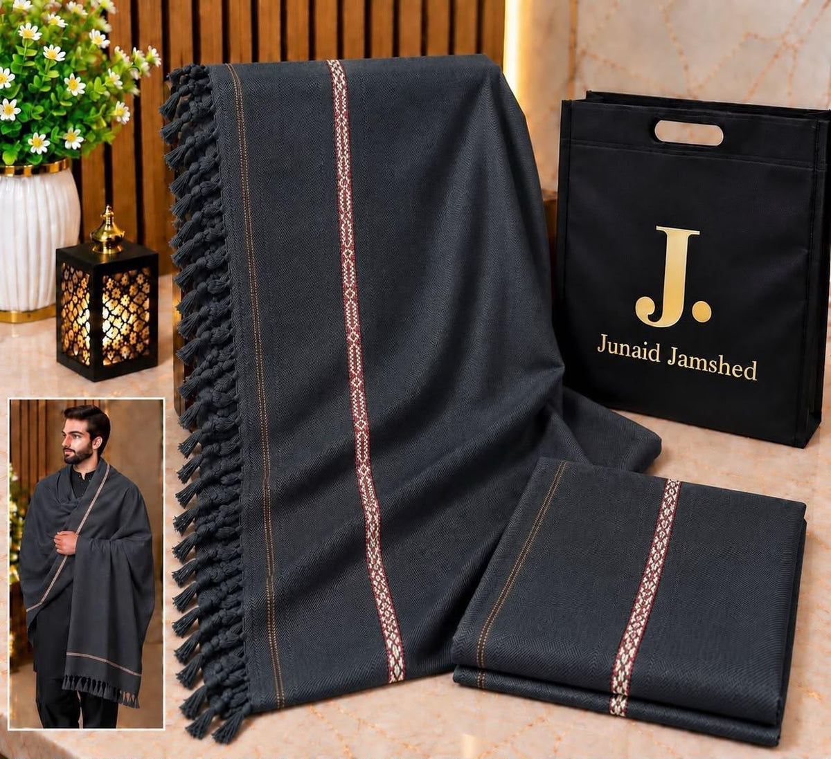 J. Junaid jamsheed Premium Men wool Shawl Black AY00902