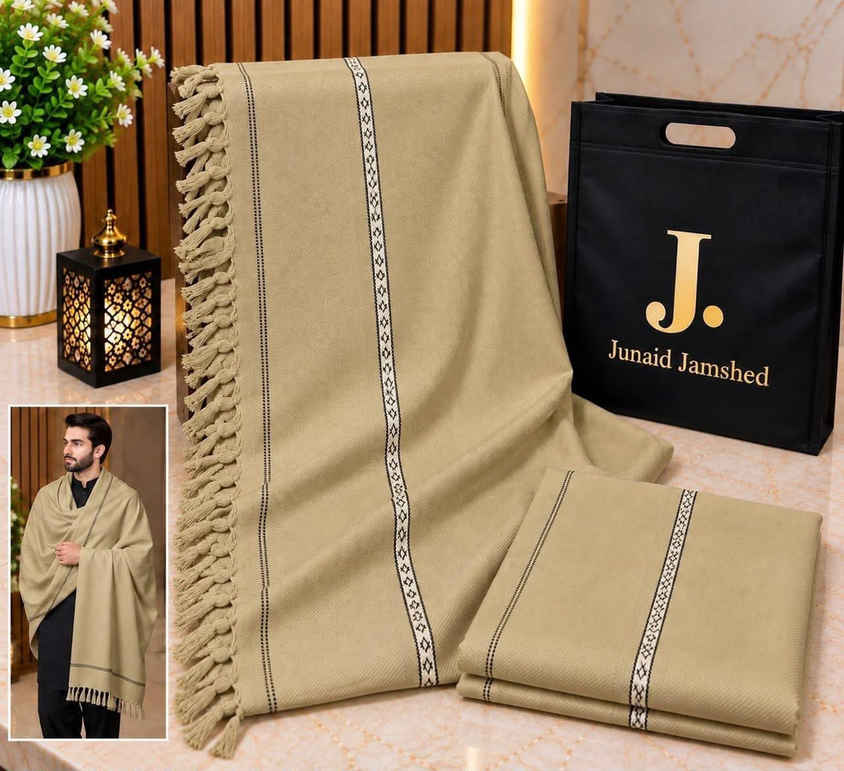 J. Junaid jamsheed Premium Men wool Shawl Cream AY00903