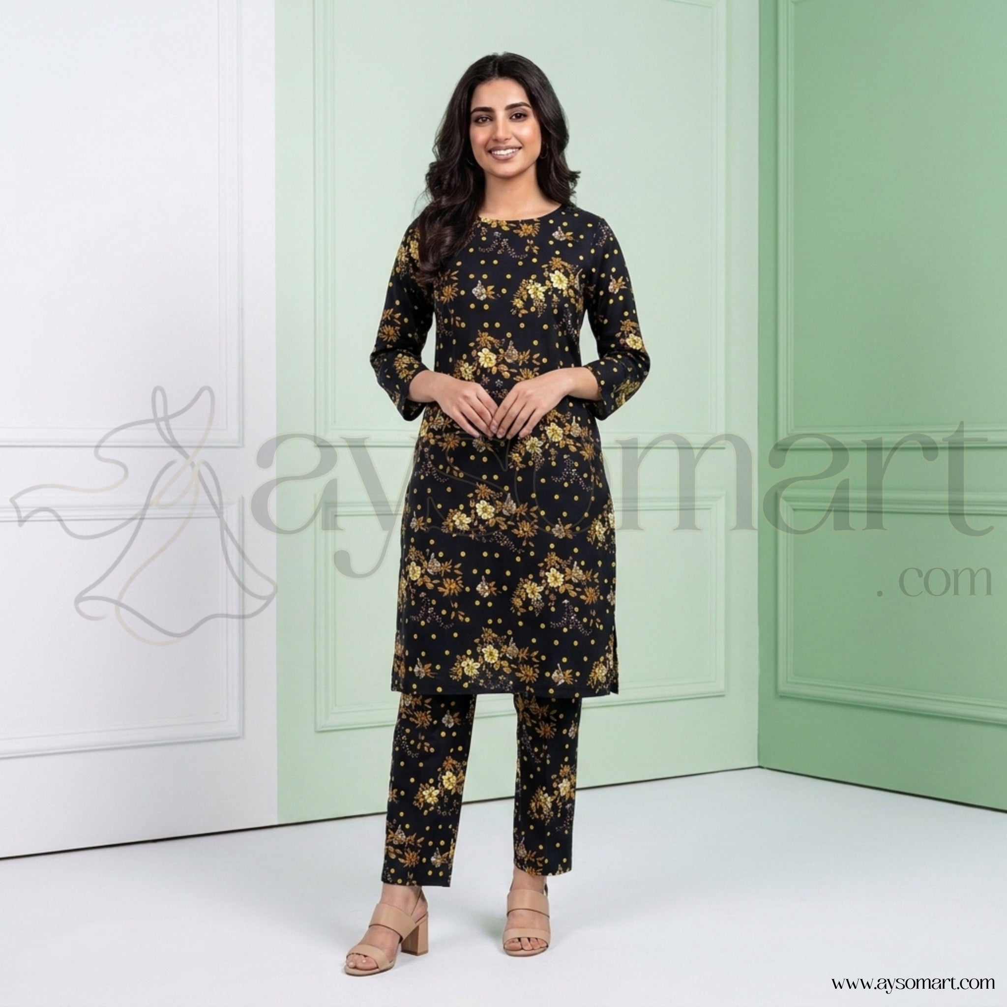Summer Cotton All over 2pcs Premium Black Golden Floral