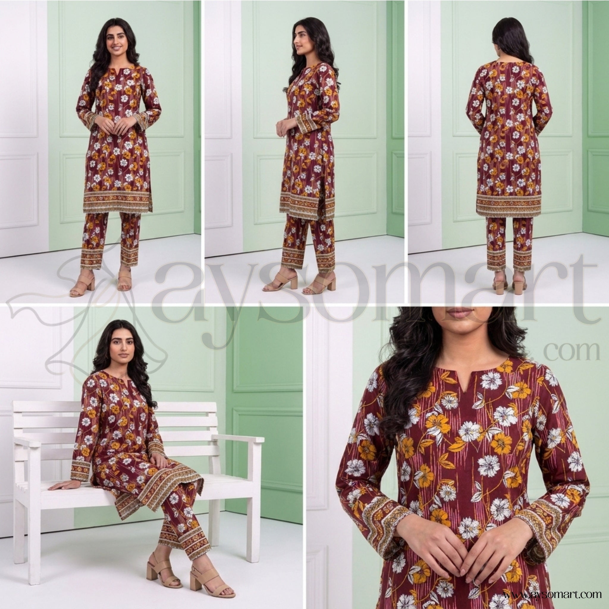 Summer Cotton All over 2pcs Premium Meroon floral white NW