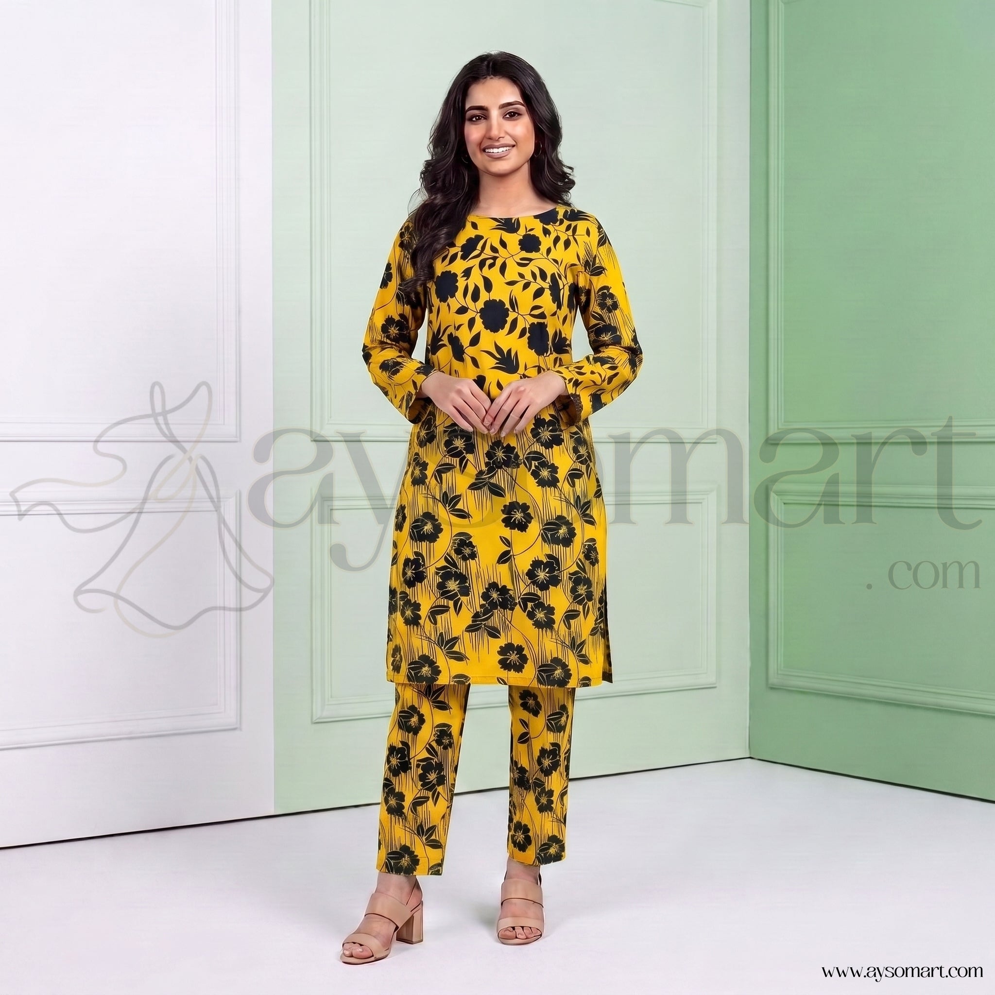 Summer Cotton All over 2pcs Premium Yellow Black Floral Full