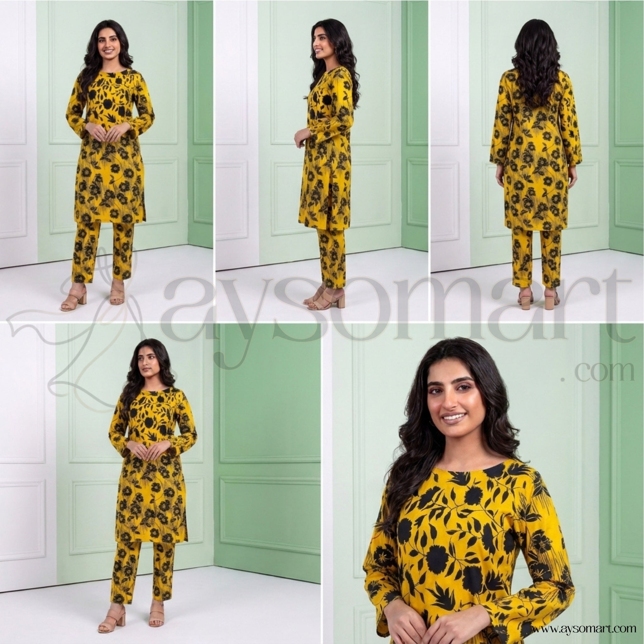 Summer Cotton All over 2pcs Premium Yellow Black Floral Full