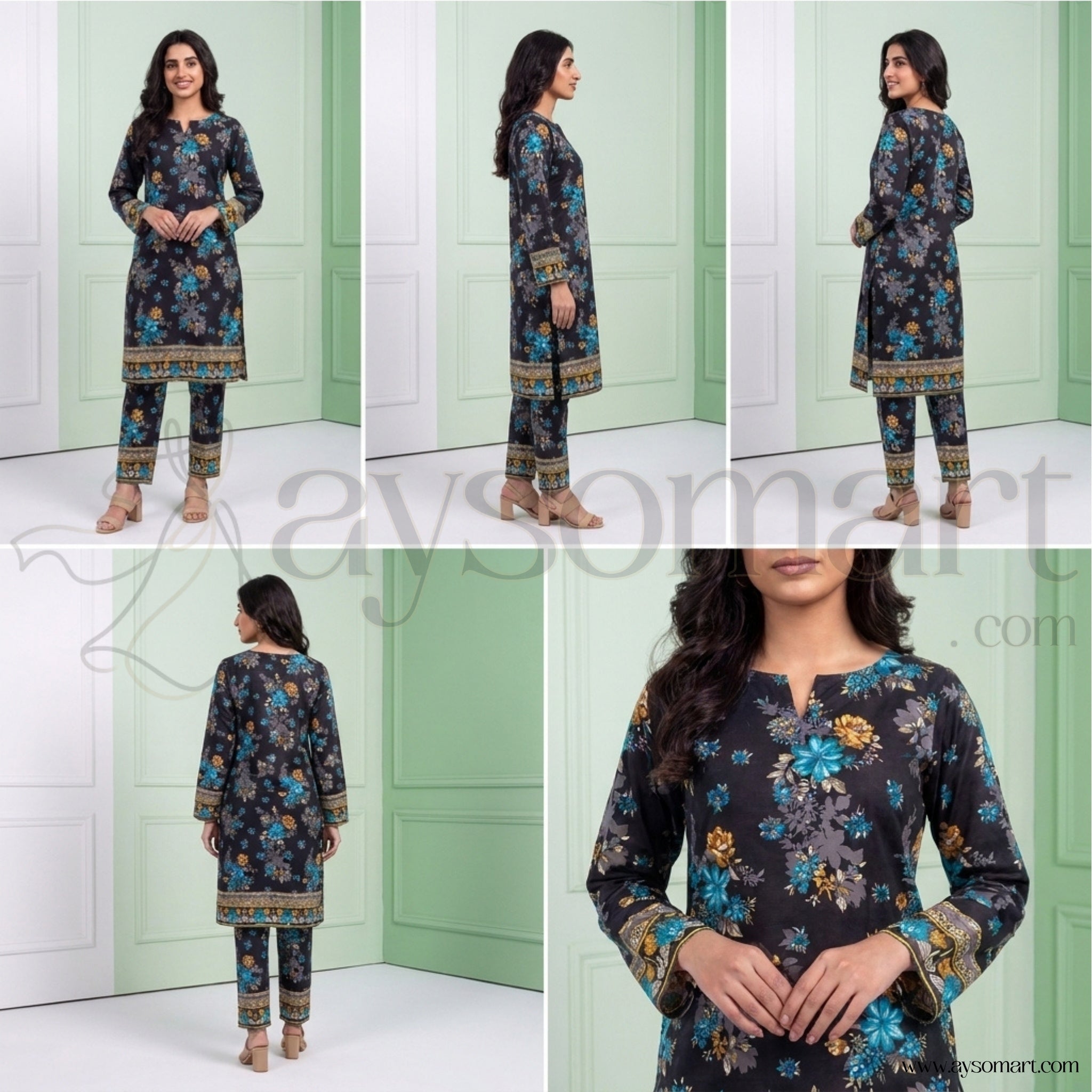 Summer Cotton All over 2pcs Premium Black Sky Floral Border