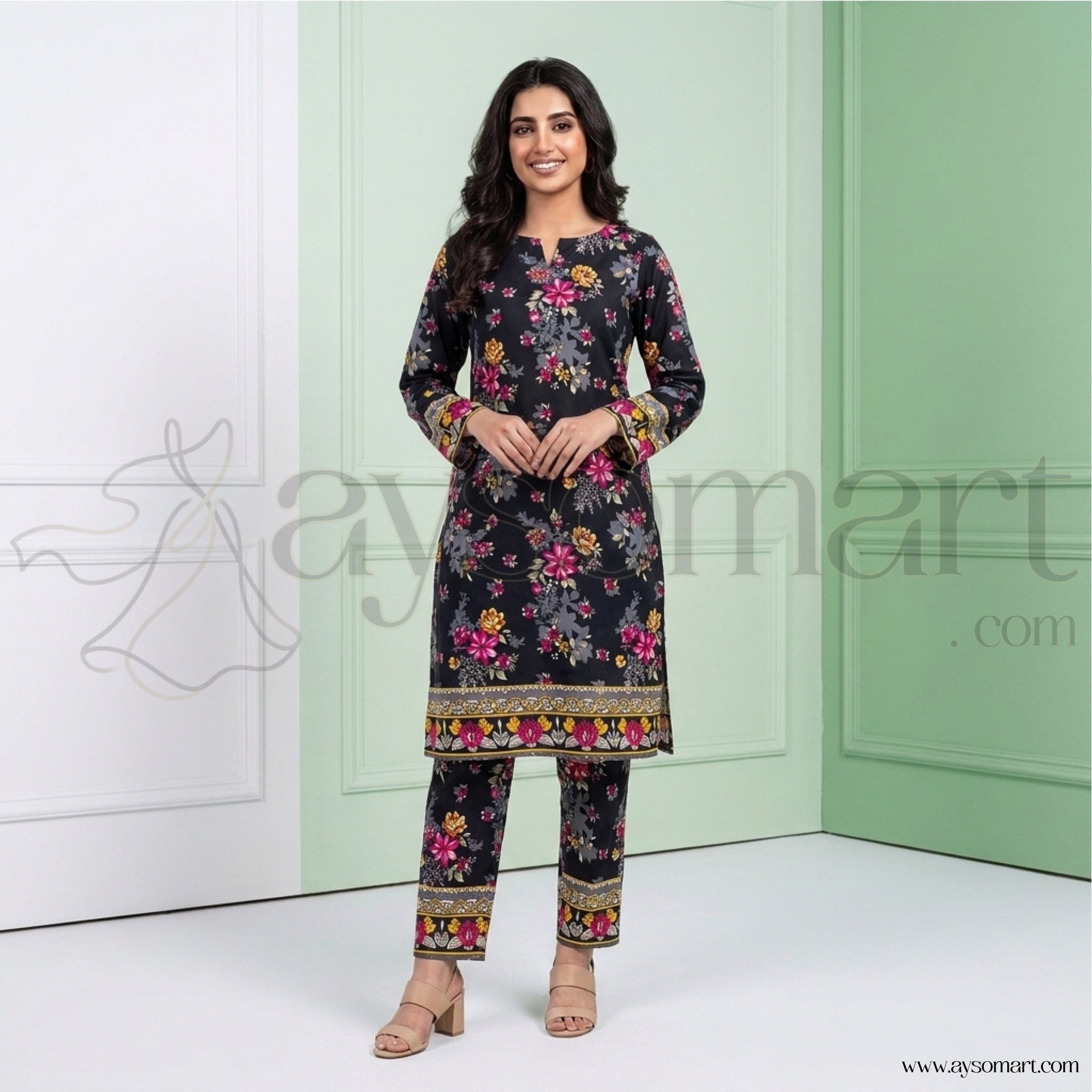 Summer Cotton All over 2pcs Premium Black Red Floral Border