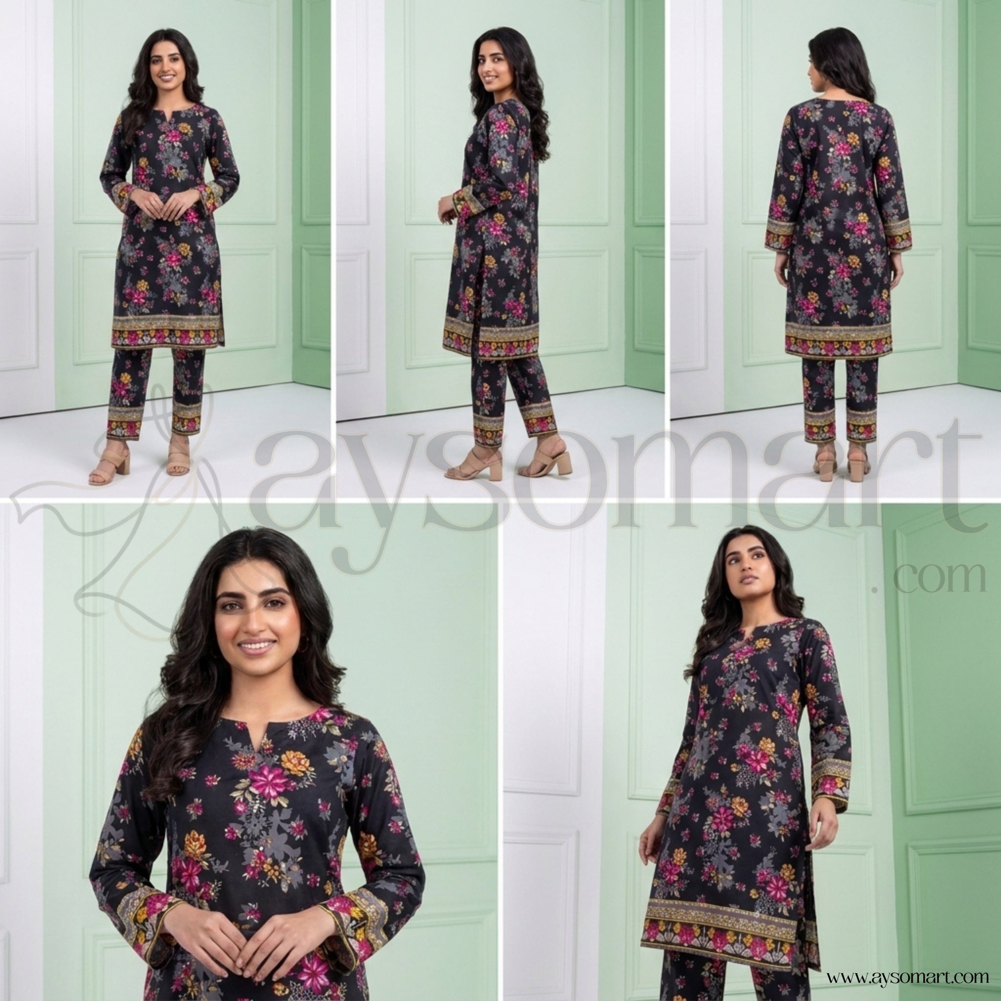 Summer Cotton All over 2pcs Premium Black Red Floral Border
