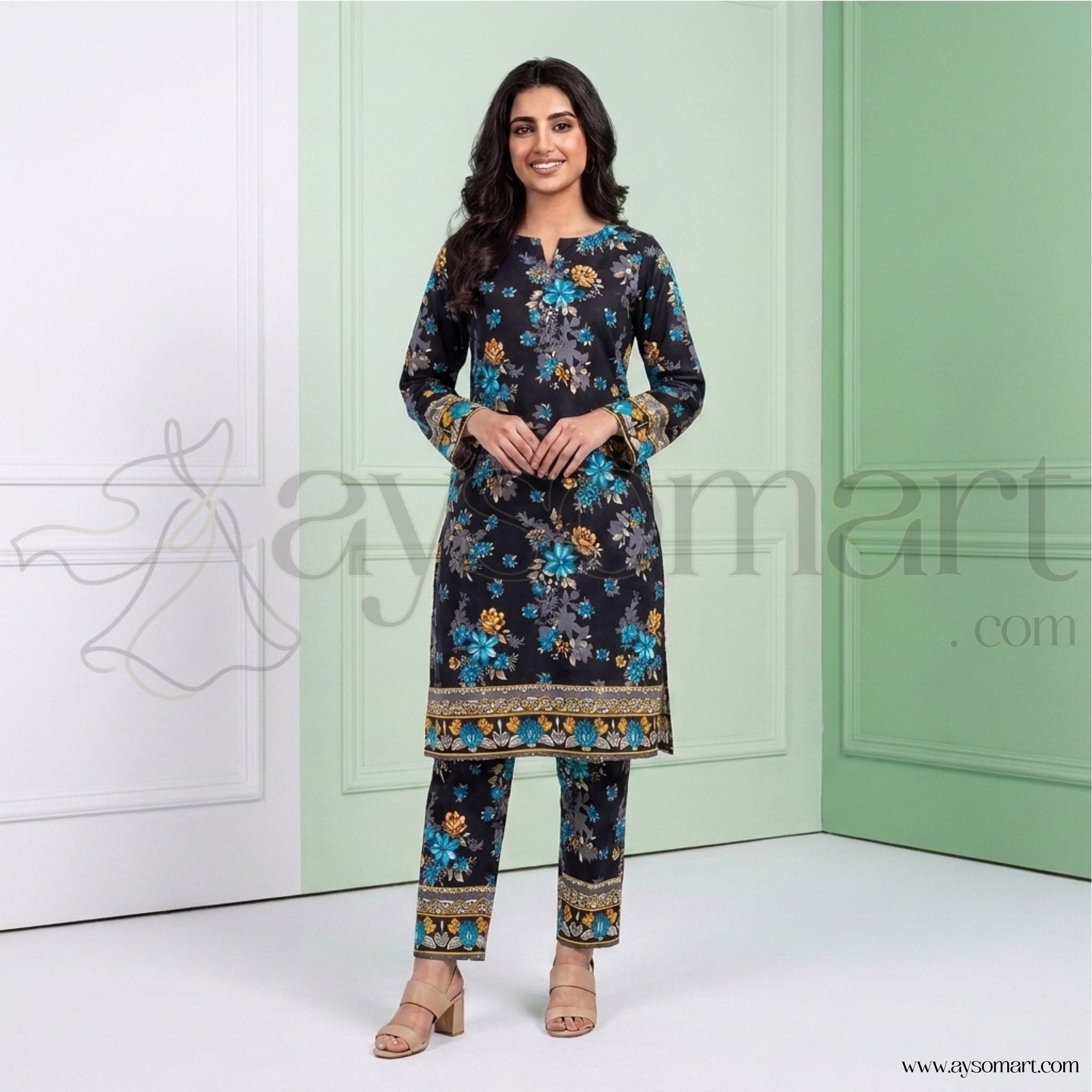 Summer Cotton All over 2pcs Premium Black Sky Floral Border