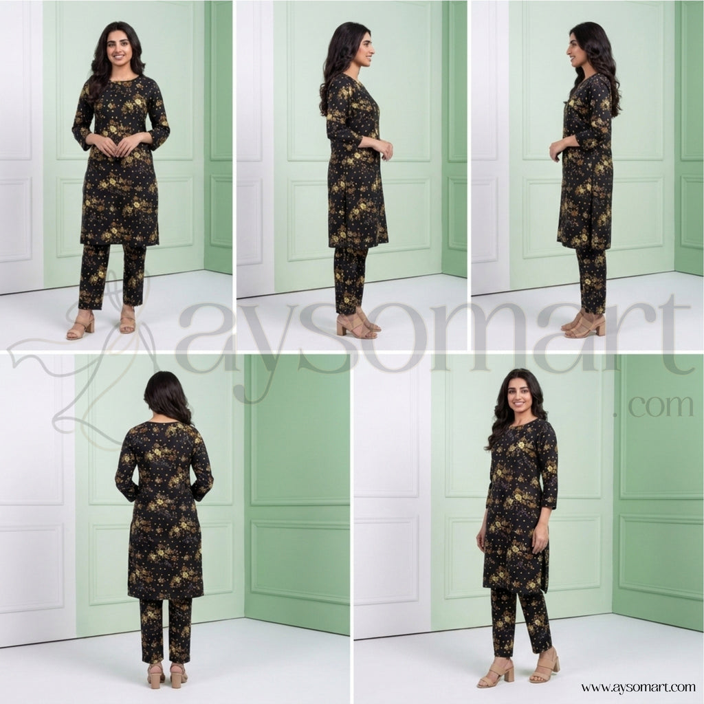 Summer Cotton All over 2pcs Premium Black Golden Floral