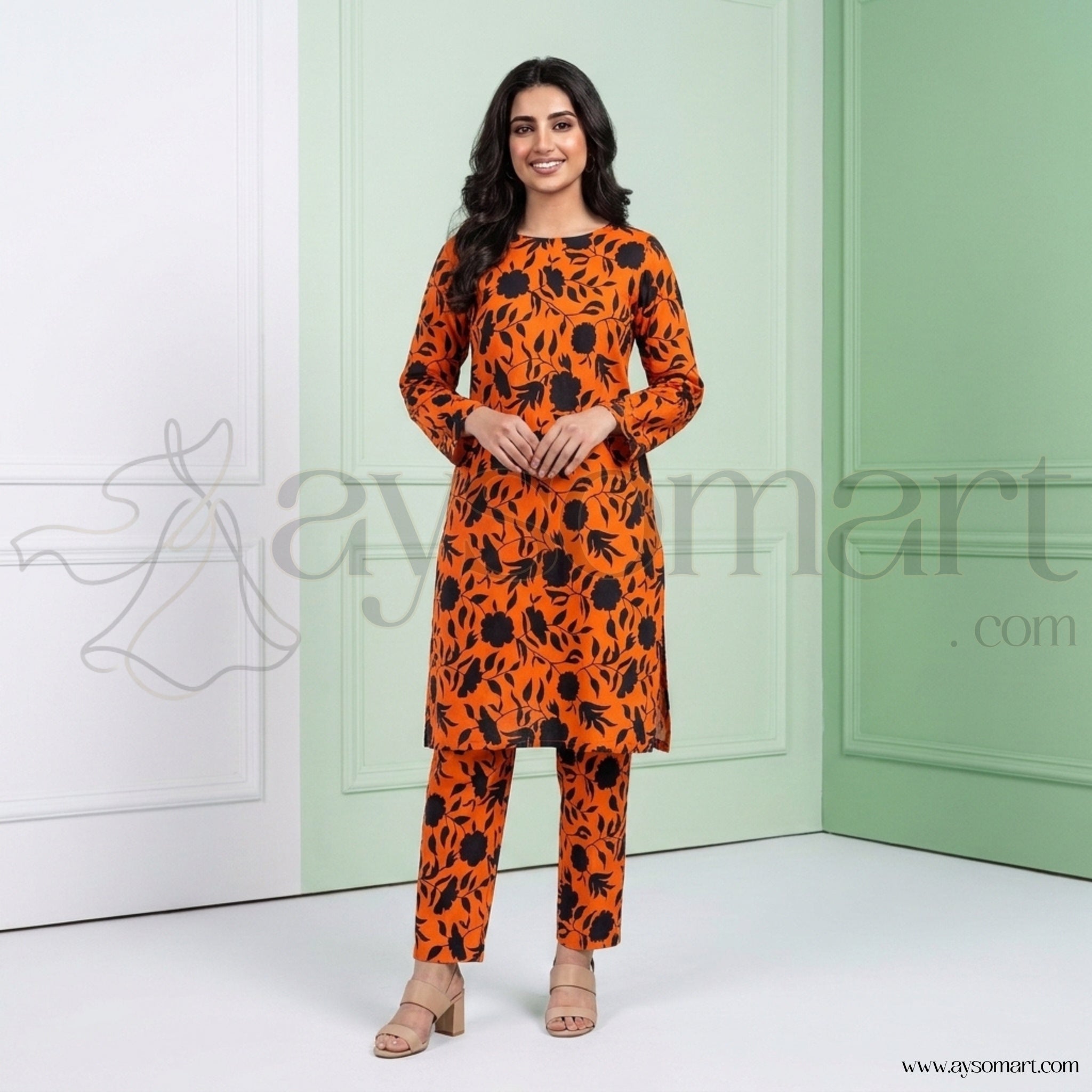 Summer Cotton All over 2pcs Premium Orange Black Floral Full