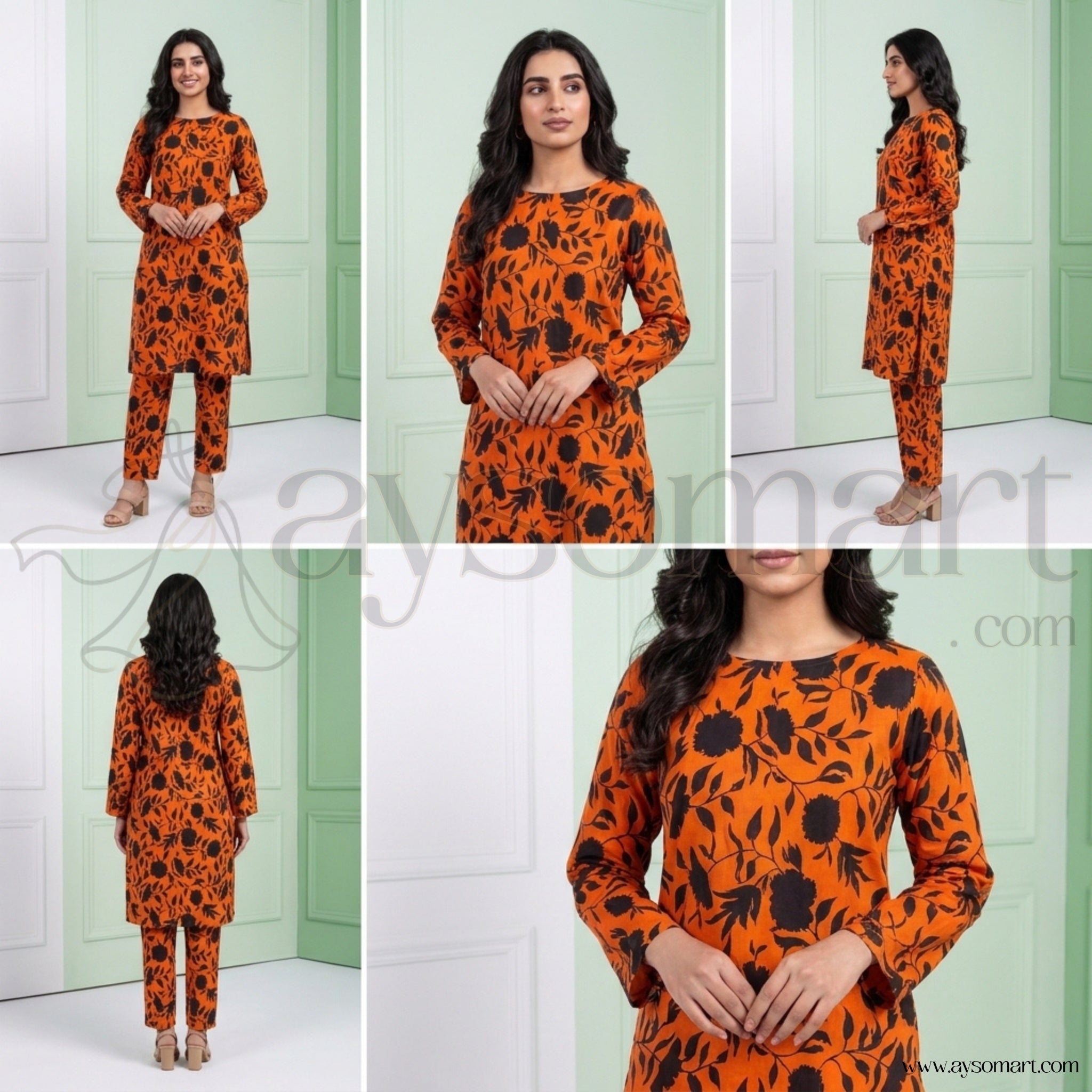 Summer Cotton All over 2pcs Premium Orange Black Floral Full