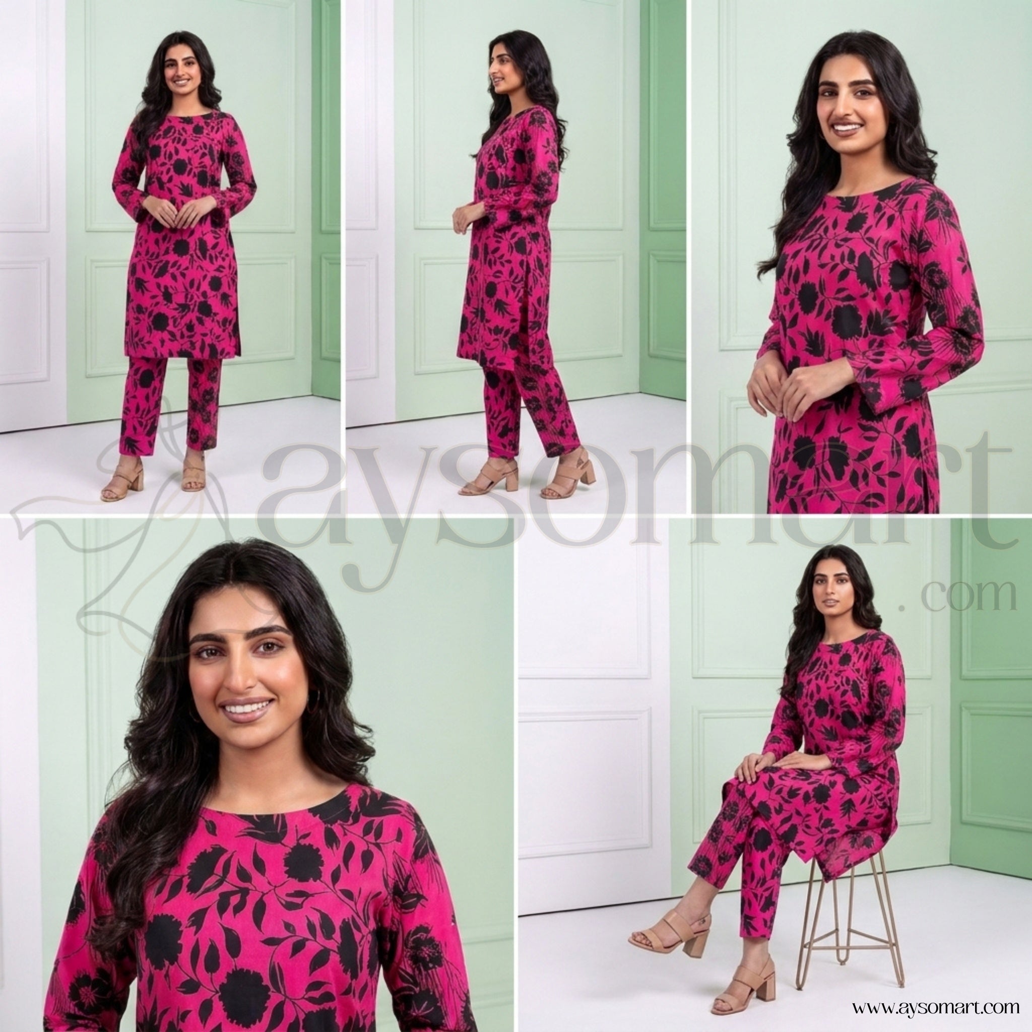 Summer Cotton All over 2pcs Premium Pink Black Floral Full