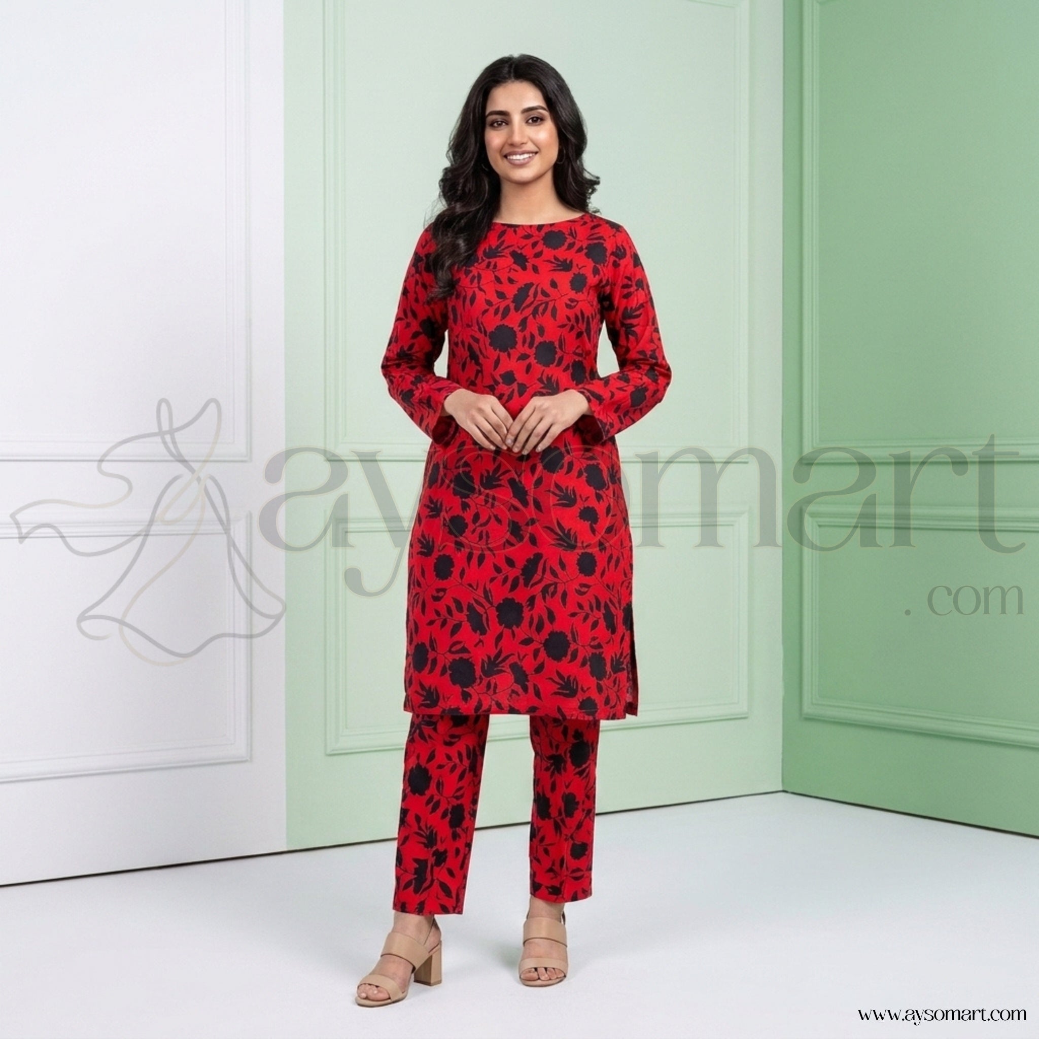 Summer Cotton All over 2pcs Premium Red Black Floral Full
