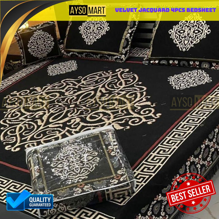 Velvet Jacquard 4pcs King Size Bedsheet Set Royal