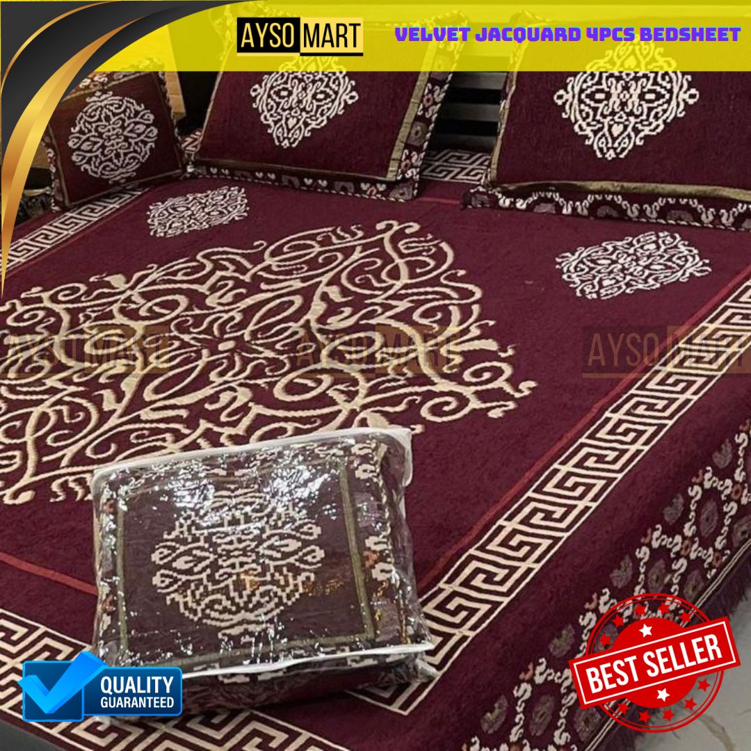 Velvet Jacquard 4pcs King Size Bedsheet Set Royal