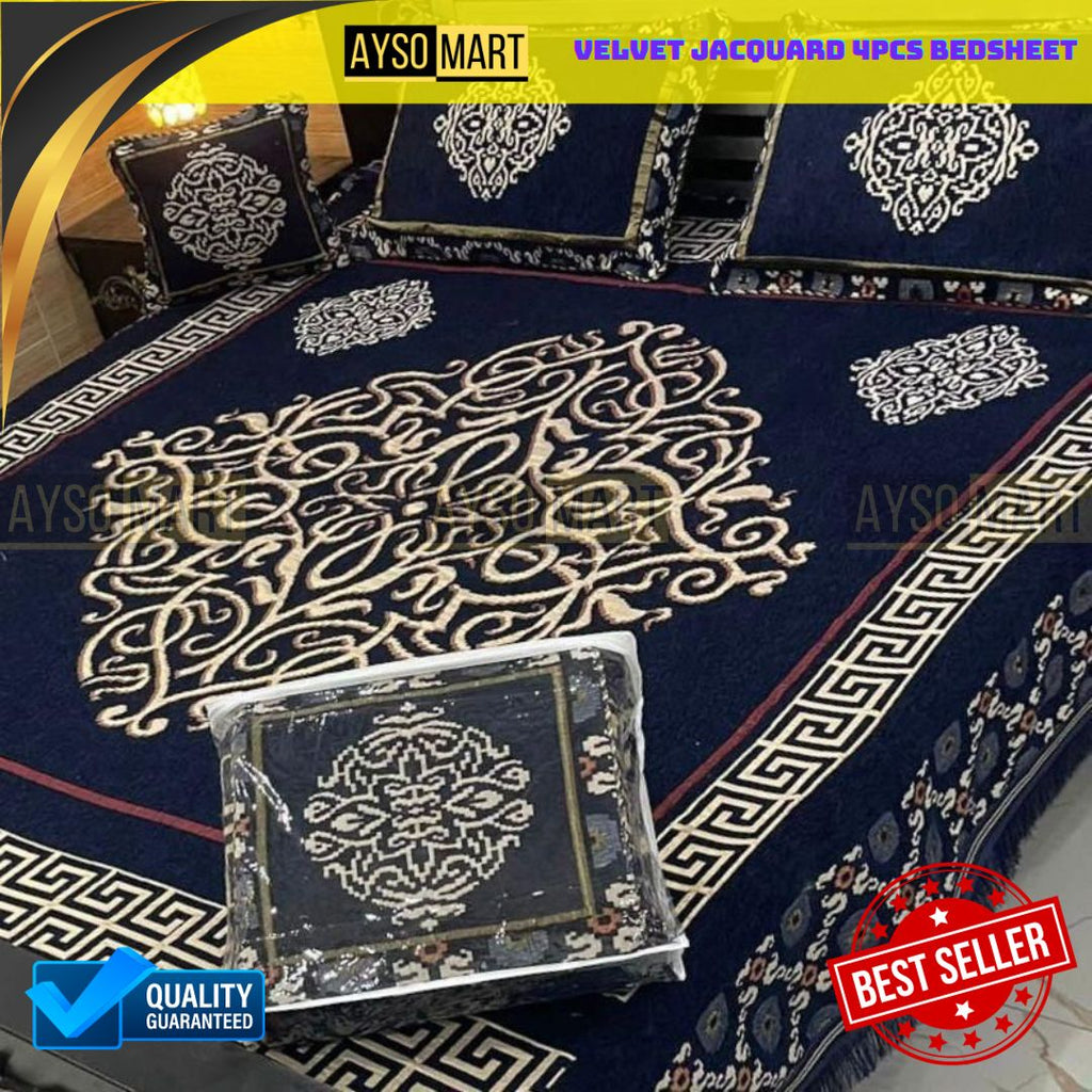 Velvet Jacquard 4pcs King Size Bedsheet Set Royal