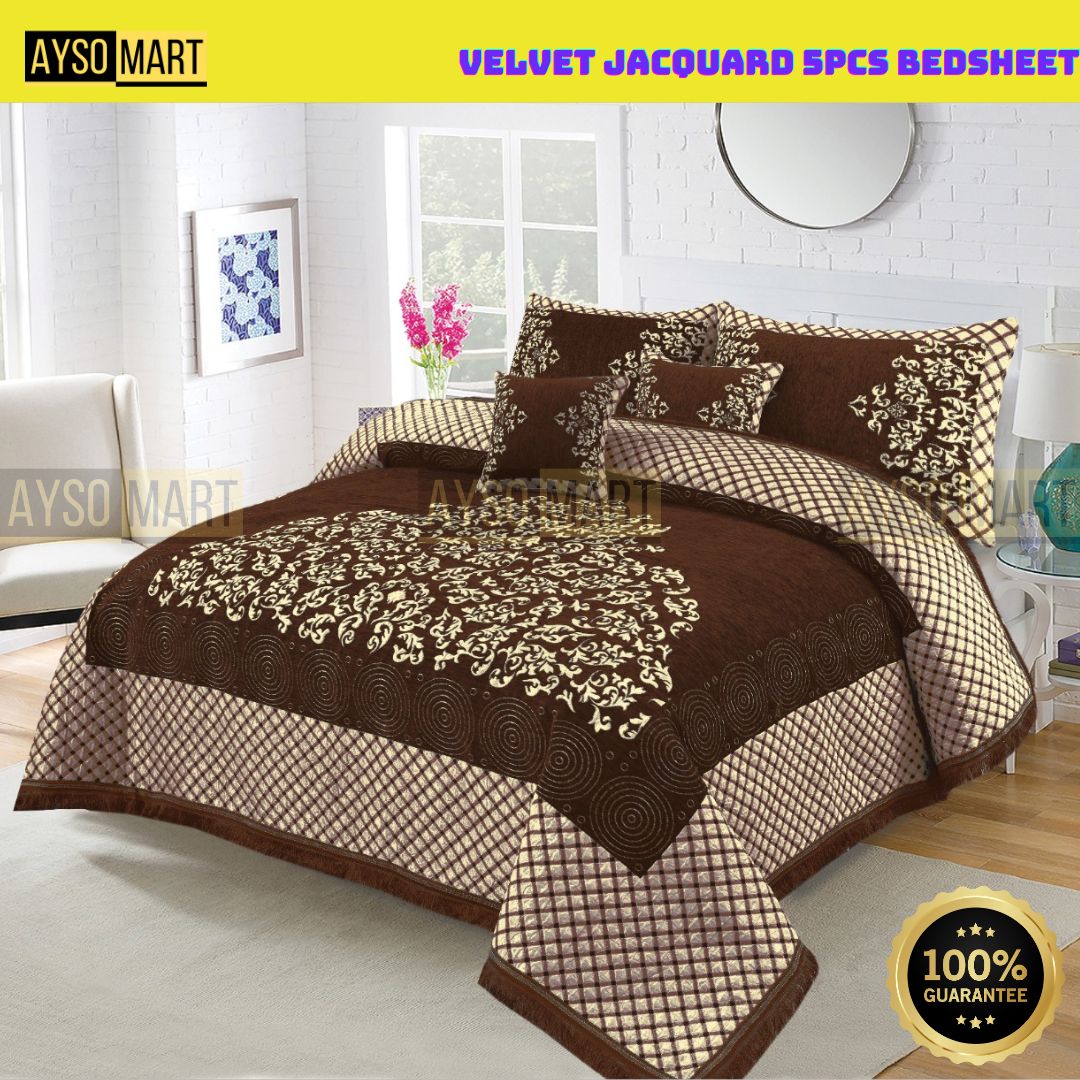 Luxury 5-Pcs Velvet Jacquard King size Bedsheet Set