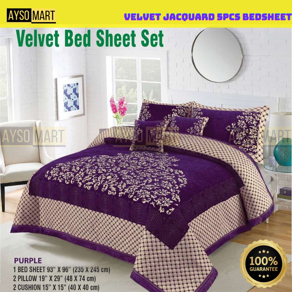 Luxury 5-Pcs Velvet Jacquard King size Bedsheet Set