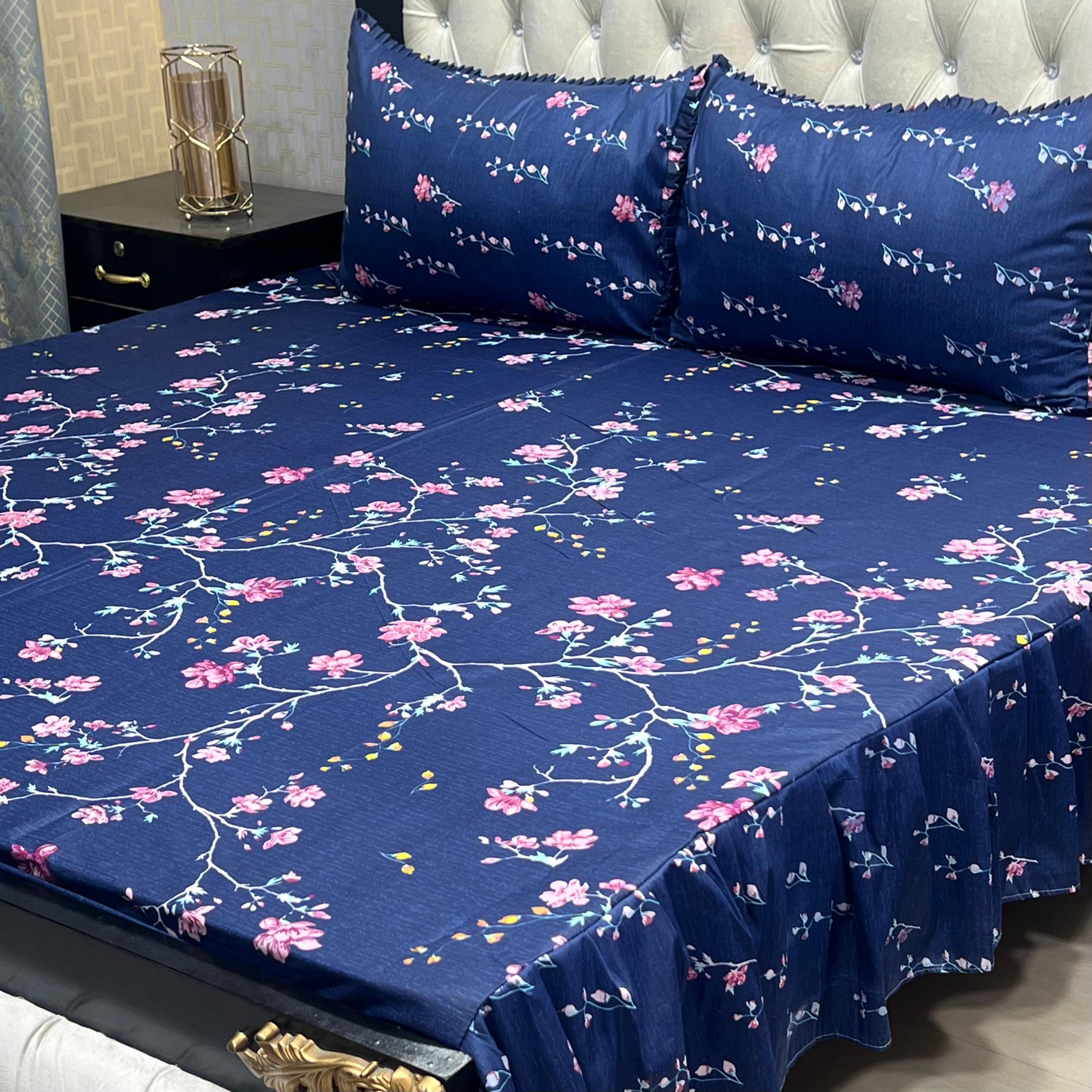 Luxury Cotton Salonica Double Bed Frill Bedsheet Midnight Blossom