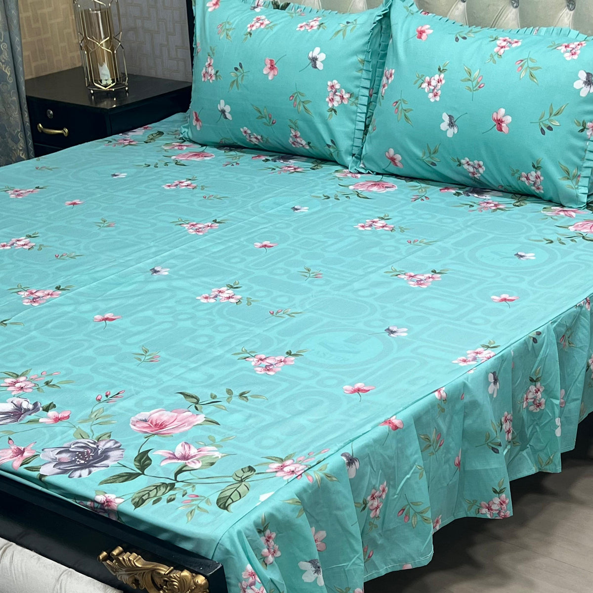 Luxury Cotton Salonica Double Bed Frill Bedsheet Aqua Blossom