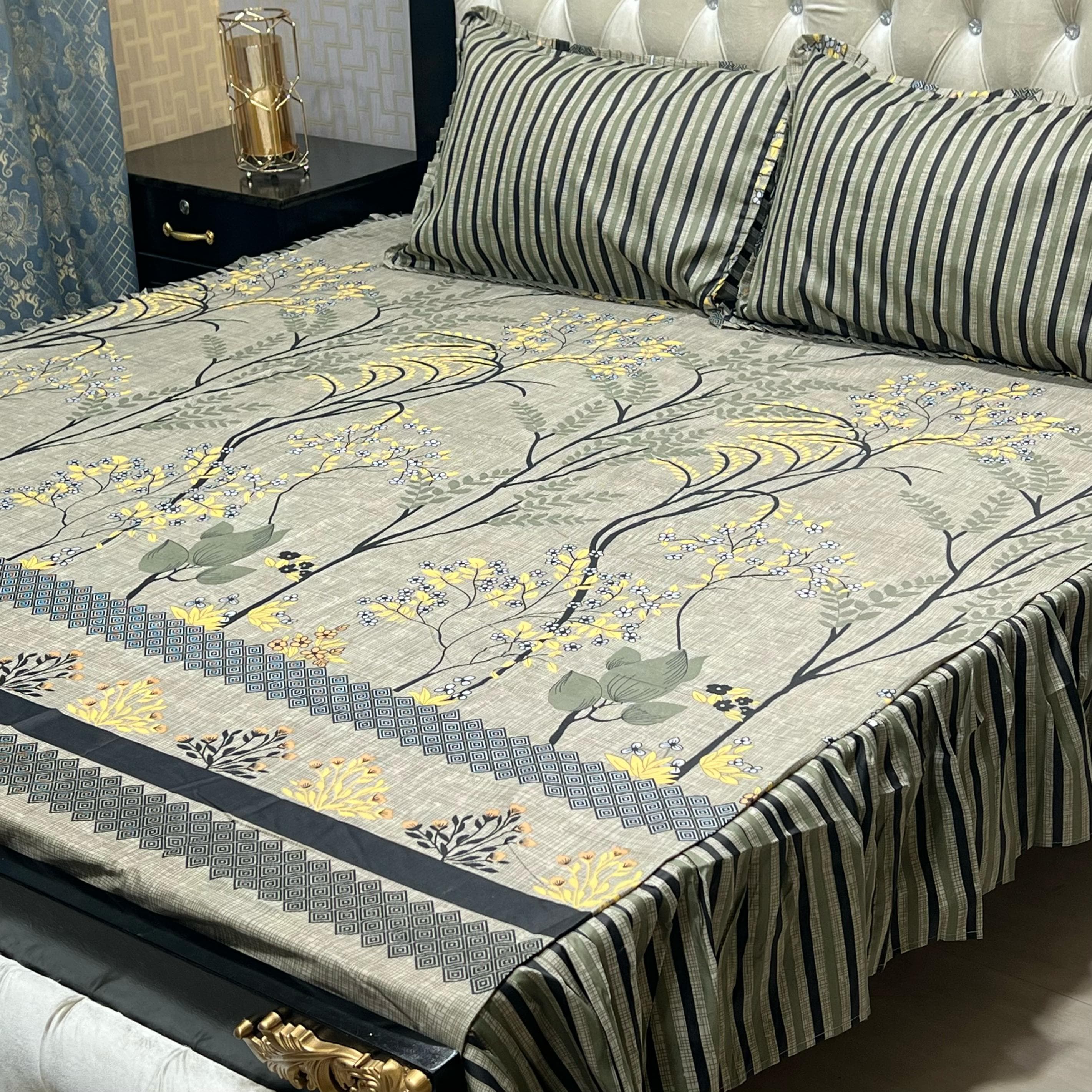 Luxury Cotton Salonica Double Bed Frill Bedsheet Golden Willow Dream