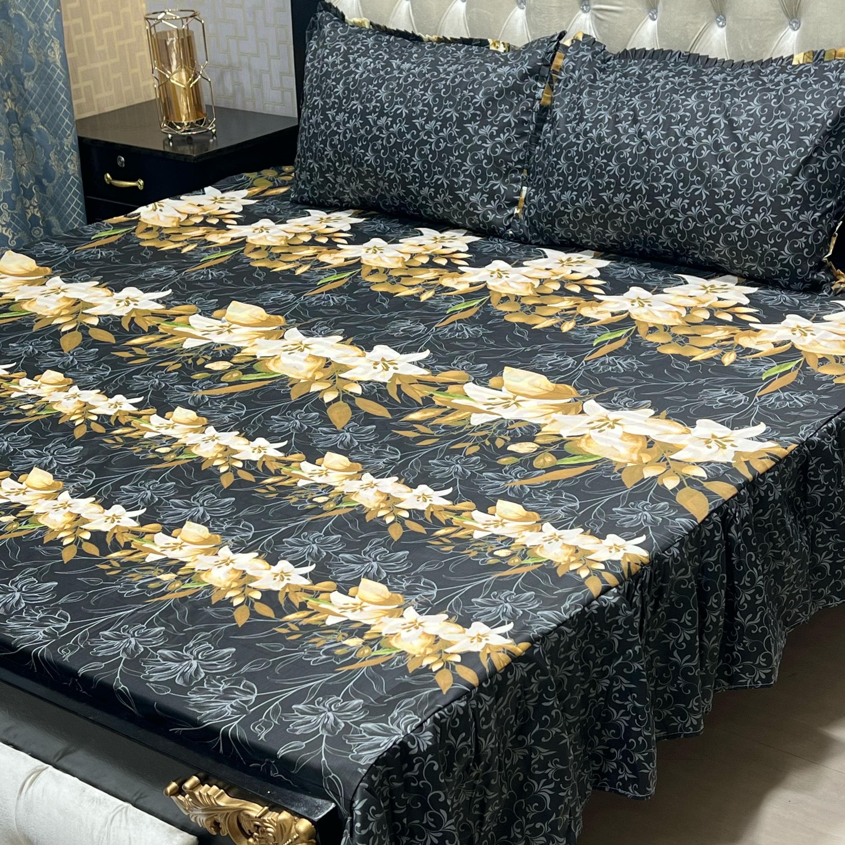 Luxury Cotton Salonica Double Bed Frill Bedsheet Golden Lily Midnight