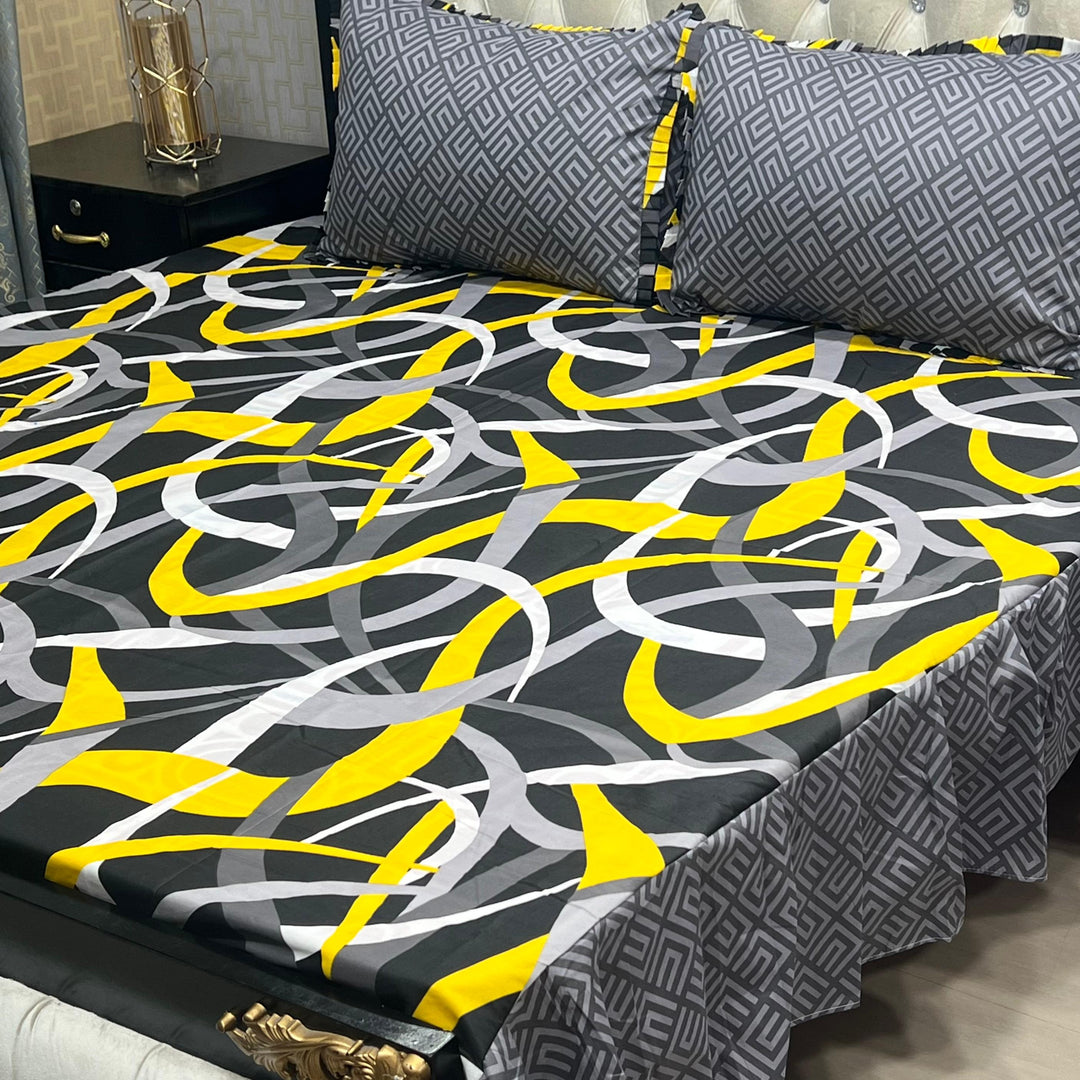 Luxury Cotton Salonica Double Bed Frill Bedsheet Geometric Flux Frill