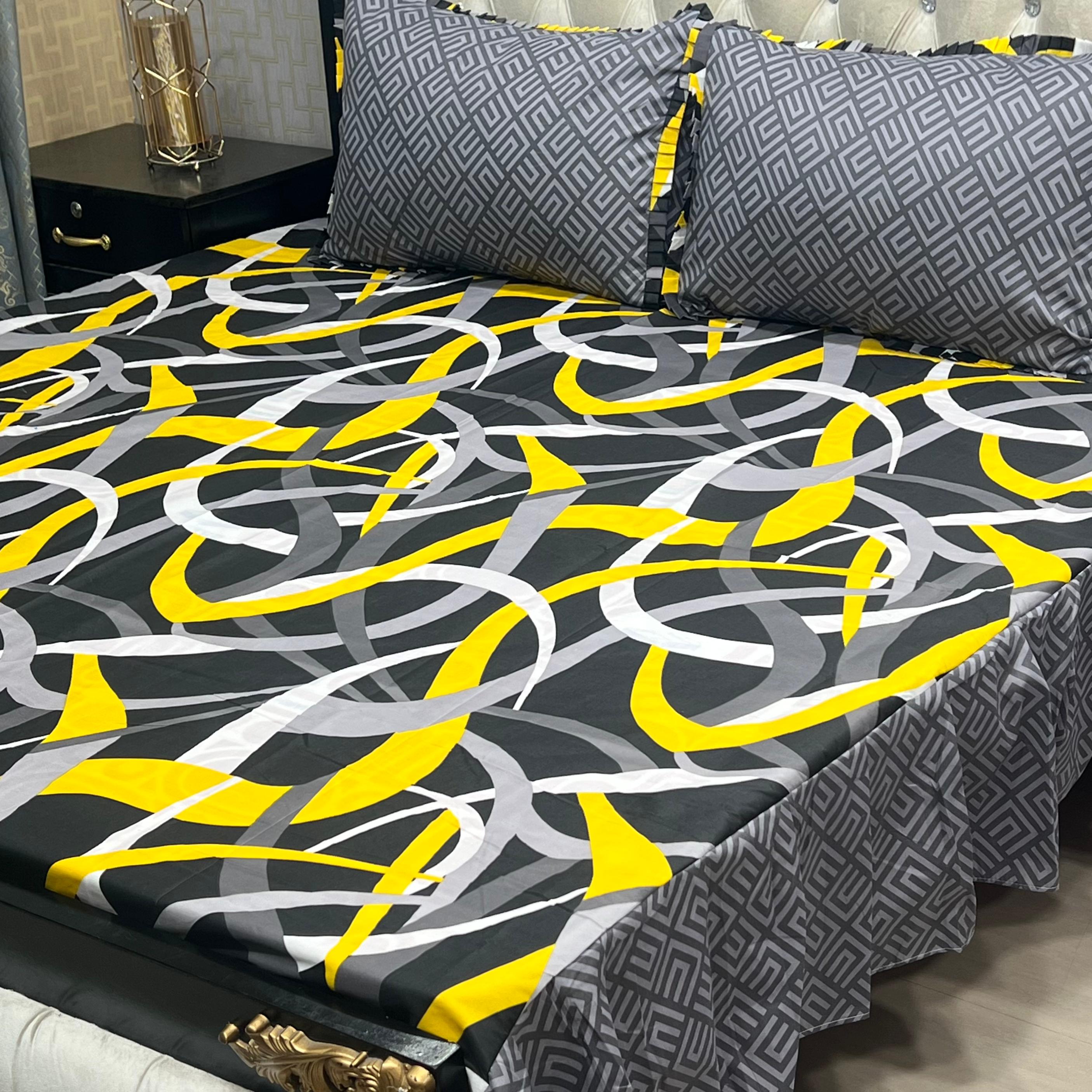 Luxury Cotton Salonica Double Bed Frill Bedsheet Geometric Flux Frill
