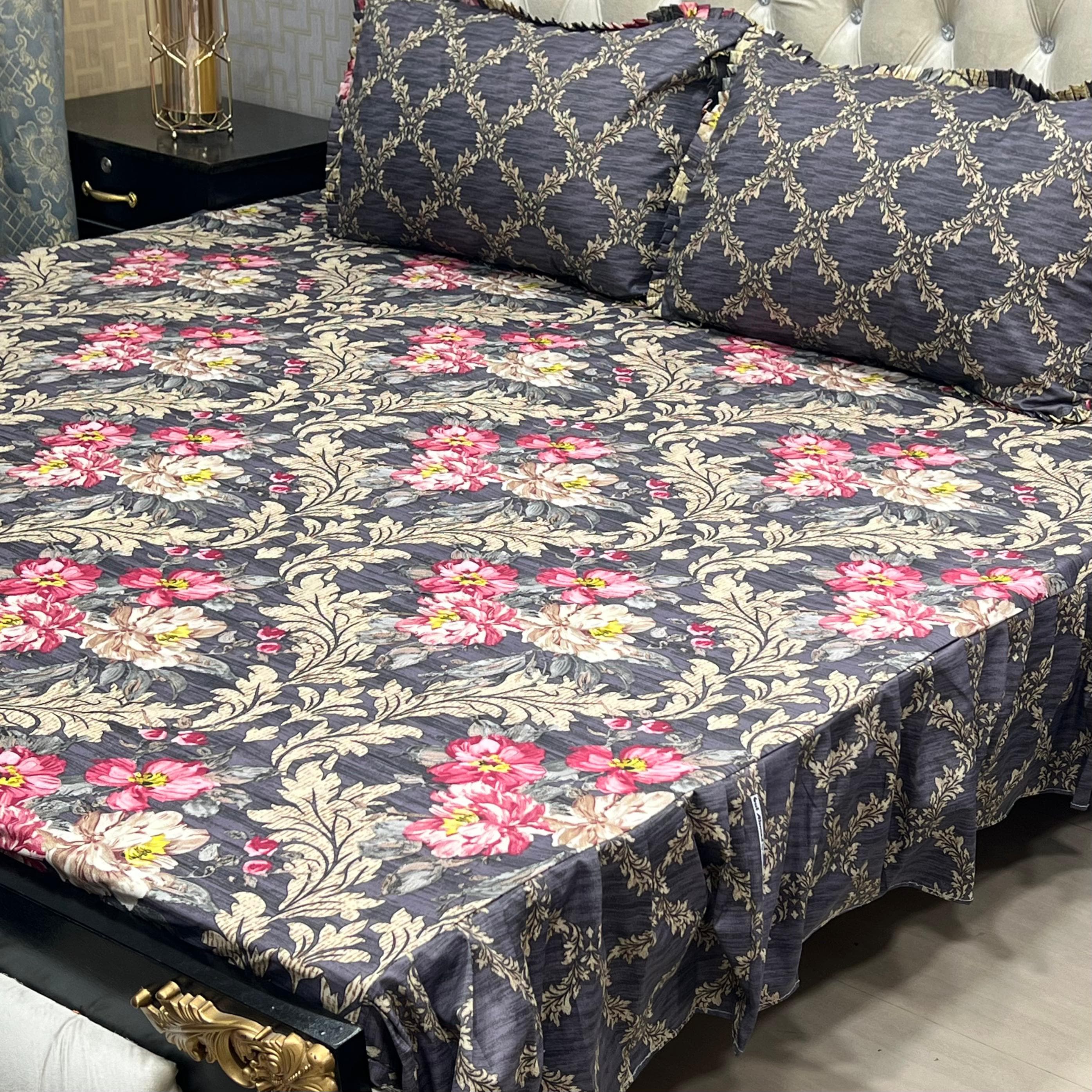 Luxury Cotton Salonica Double Bed Frill Bedsheet Twilight Flora Frill