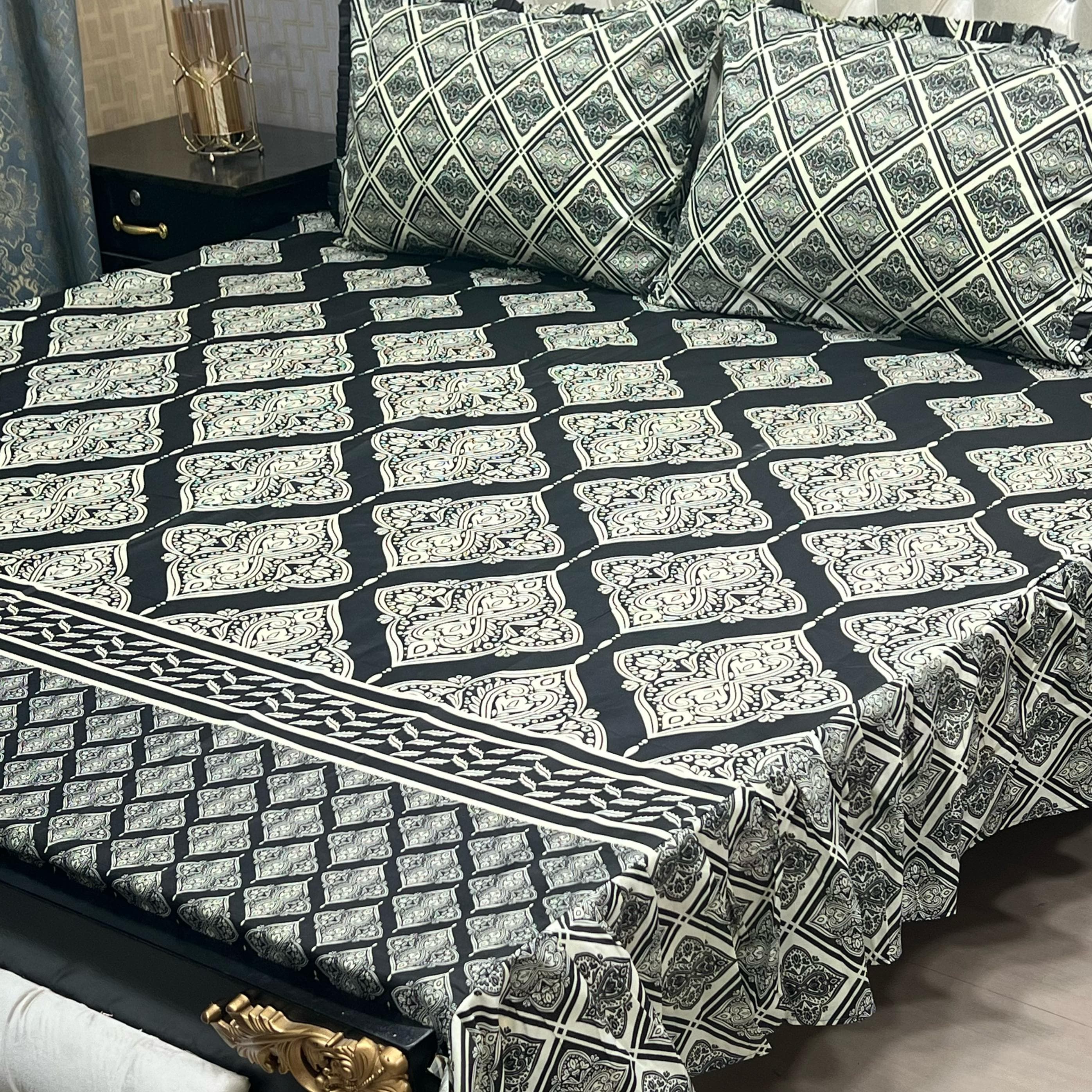 Luxury Cotton Salonica Double Bed Frill Bedsheet Midnight Scrollwork Frill