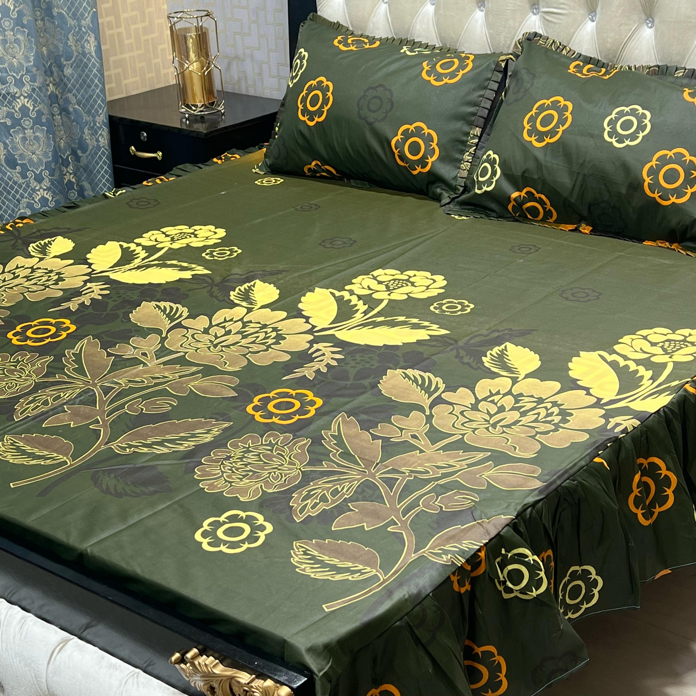 Luxury Cotton Salonica Double Bed Frill Bedsheet Deep Woods Floral Frill
