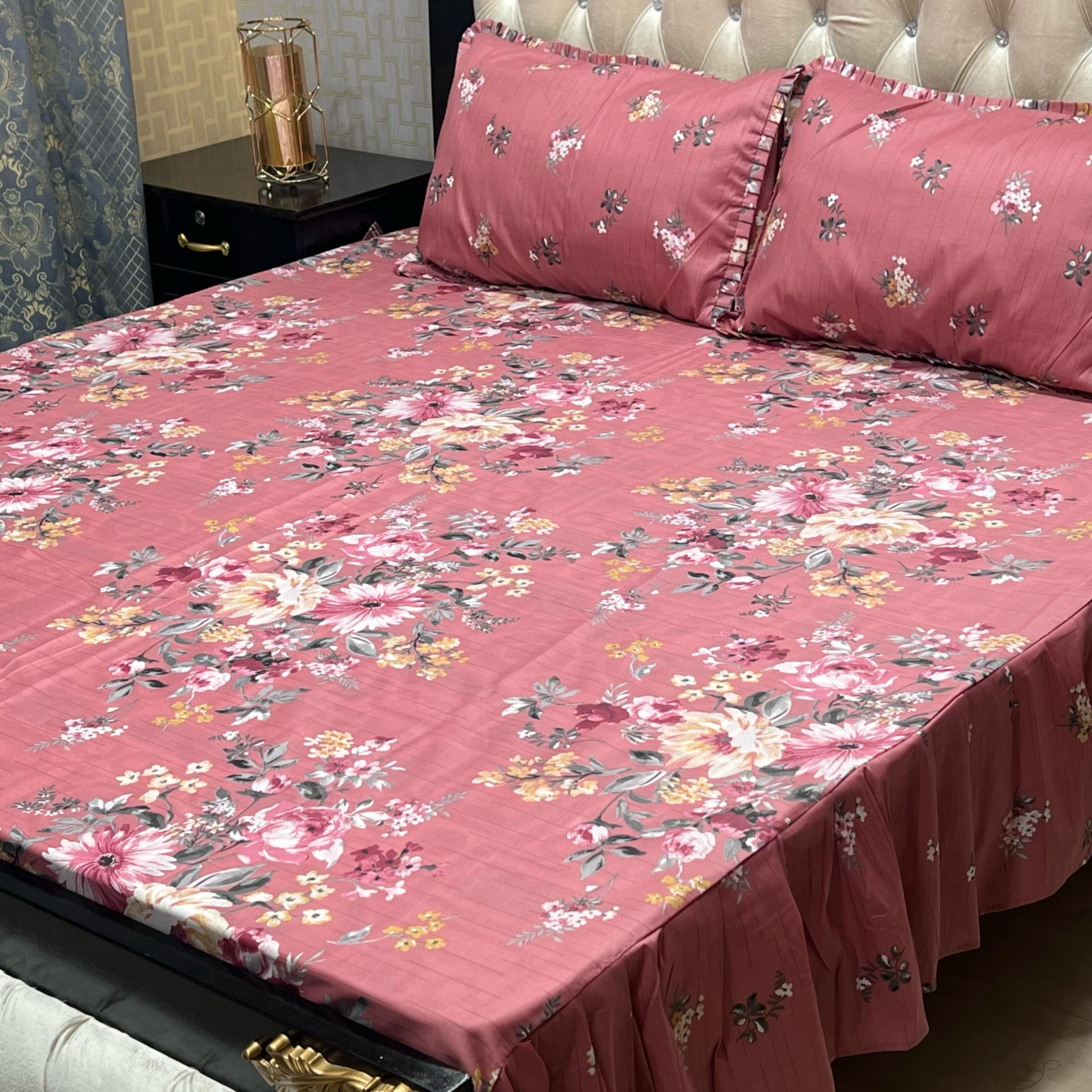 Luxury Cotton Salonica Double Bed Frill Bedsheet Peony Whisper Frill