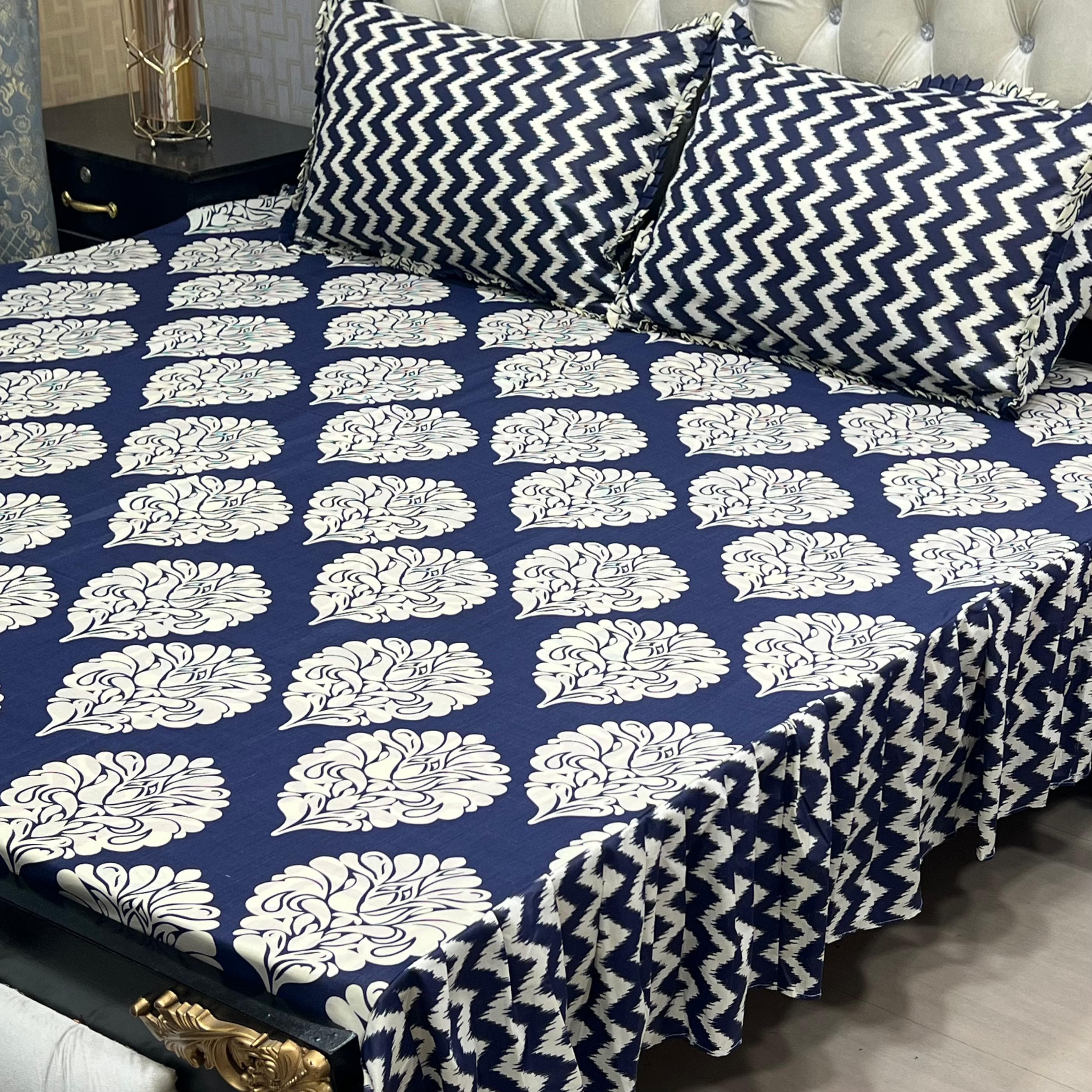 Luxury Cotton Salonica Double Bed Frill Bedsheet Oceanic Damask Frill
