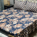 Luxury Cotton Salonica Double Bed Frill Bedsheet Navy Garden Frill
