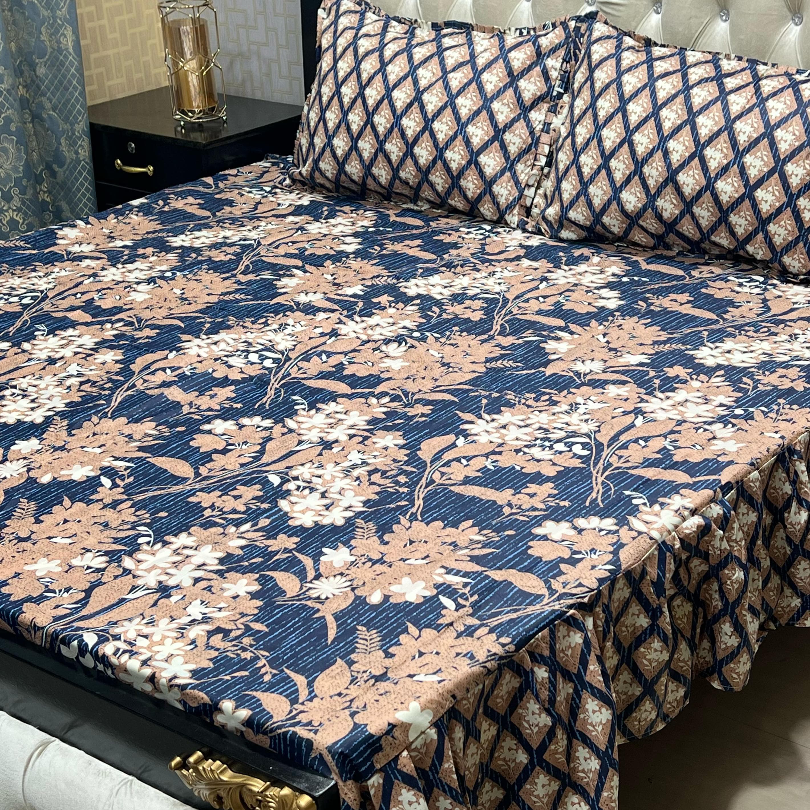 Luxury Cotton Salonica Double Bed Frill Bedsheet Navy Garden Frill