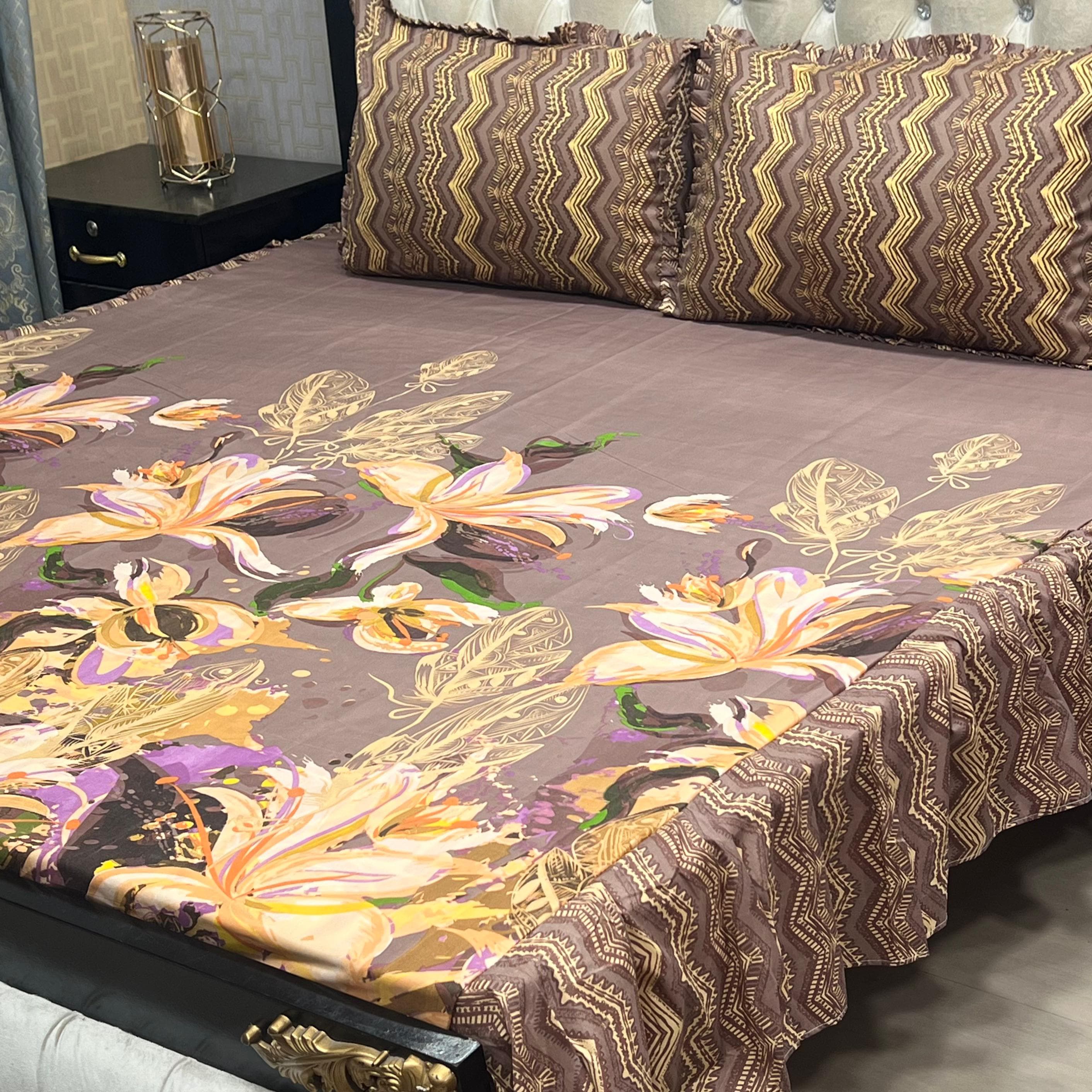 Luxury Cotton Salonica Double Bed Frill Bedsheet Sunset Bloom Frill