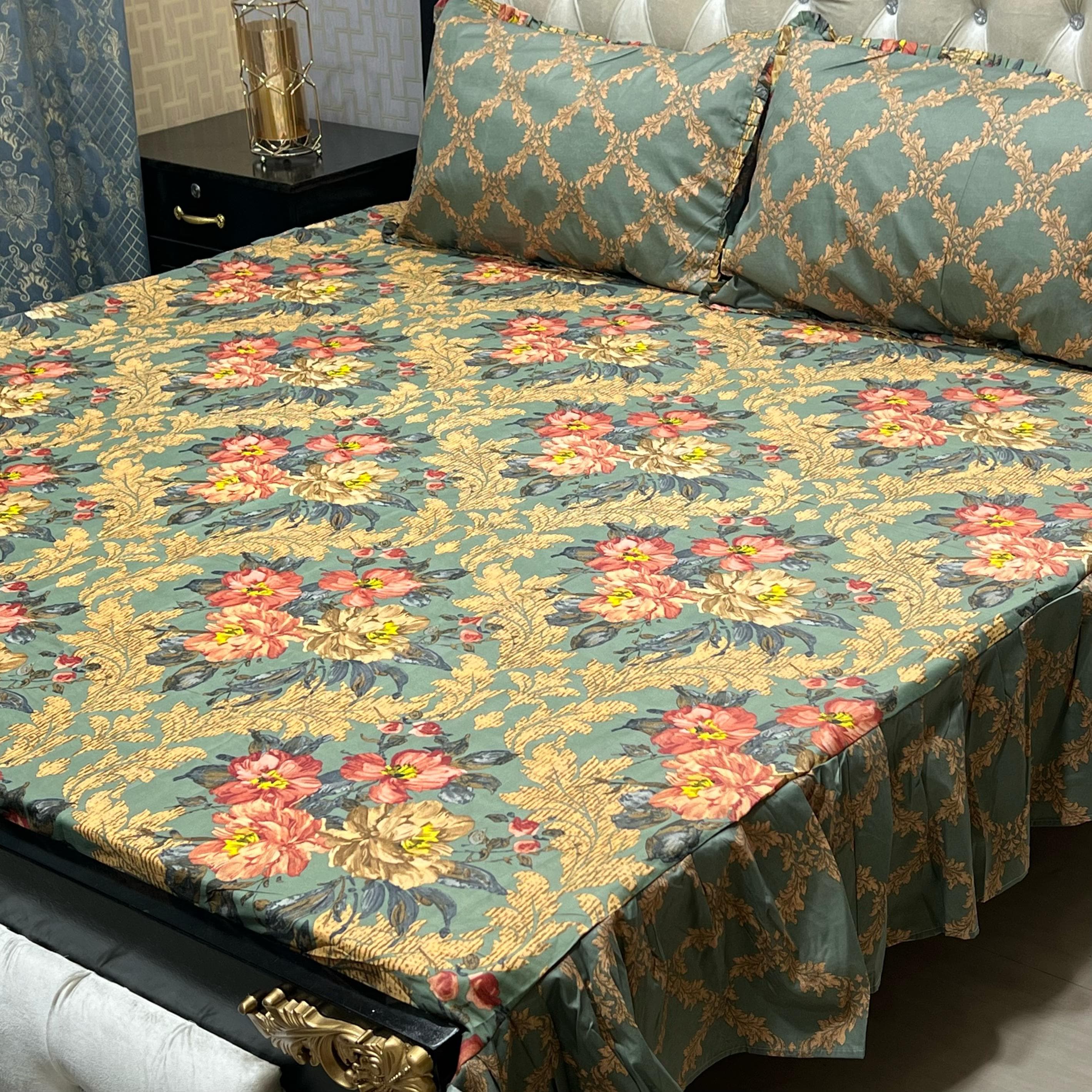 Luxury Cotton Salonica Double Bed Frill Bedsheet Timeless Floral Frill
