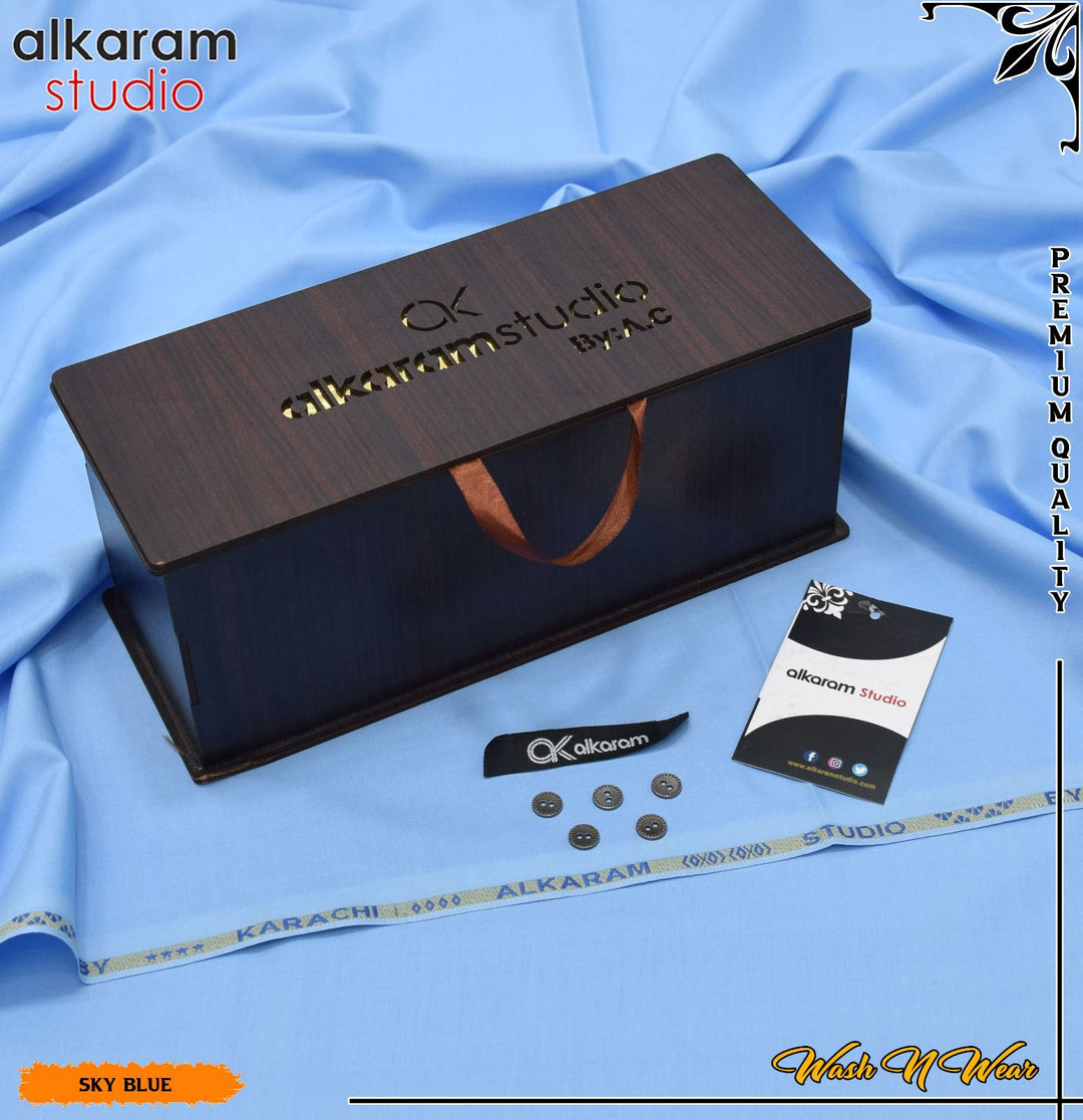 Carnivals Wash&Wear Boski Fabric for Men By Al-Karam in Wooden Box Sky Blue