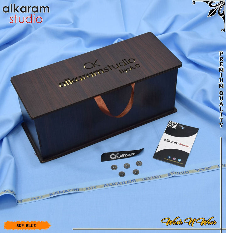 Carnivals Wash&Wear Boski Fabric for Men By Al-Karam in Wooden Box Sky Blue