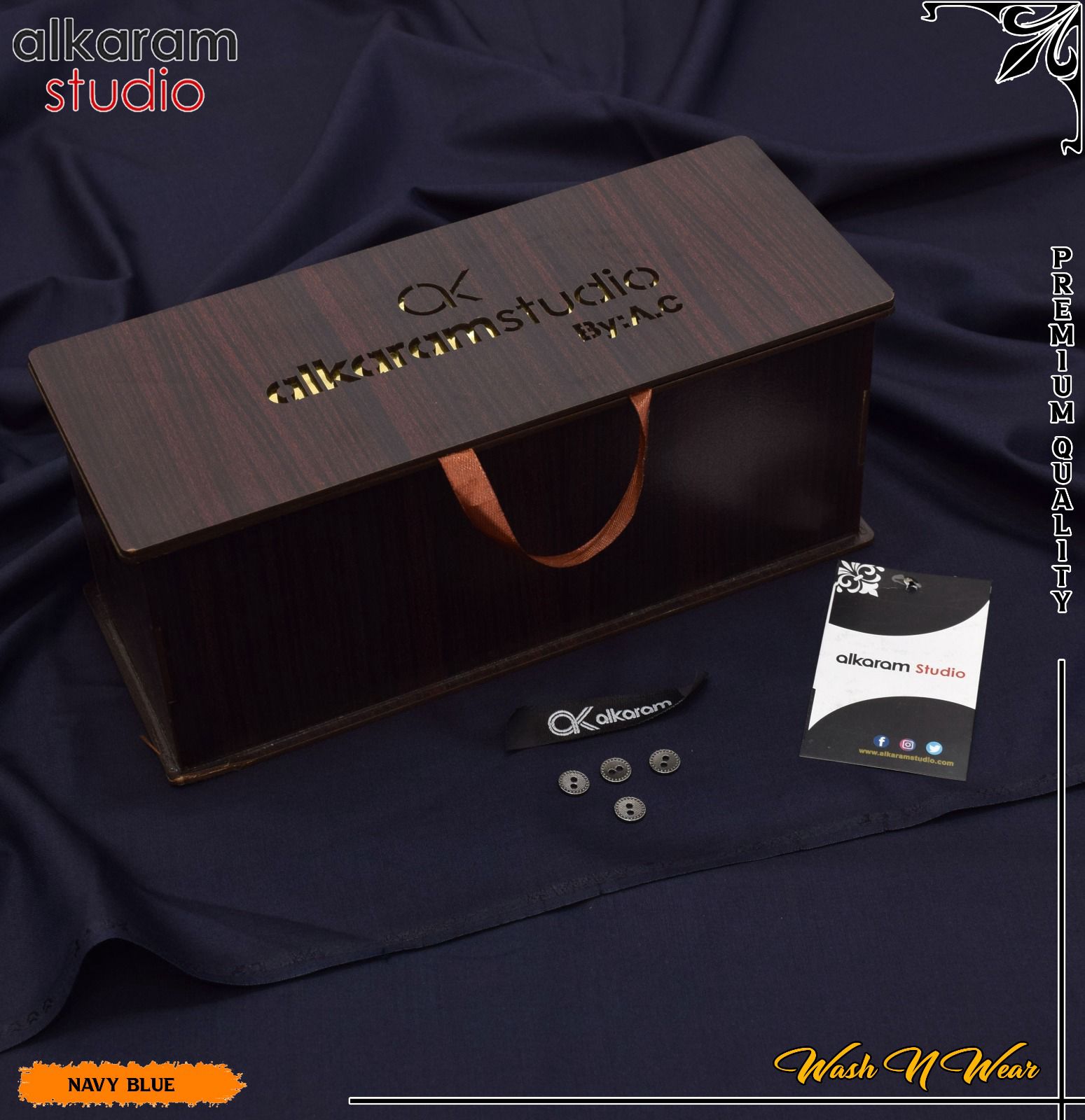 Carnivals Wash&Wear Boski Fabric for Men By Al-Karam in Wooden Box Navy Blue