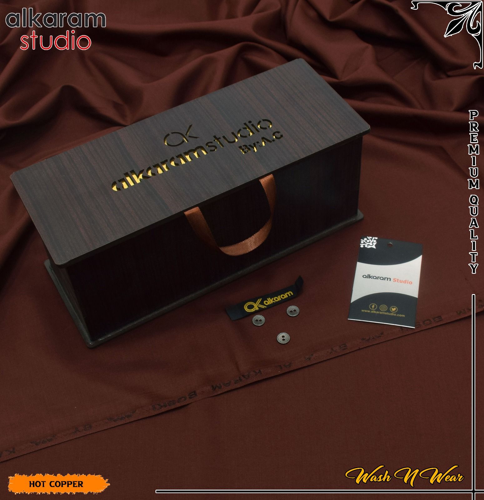 Carnivals Wash&Wear Boski Fabric for Men By Al-Karam in Wooden Box Hot Copper