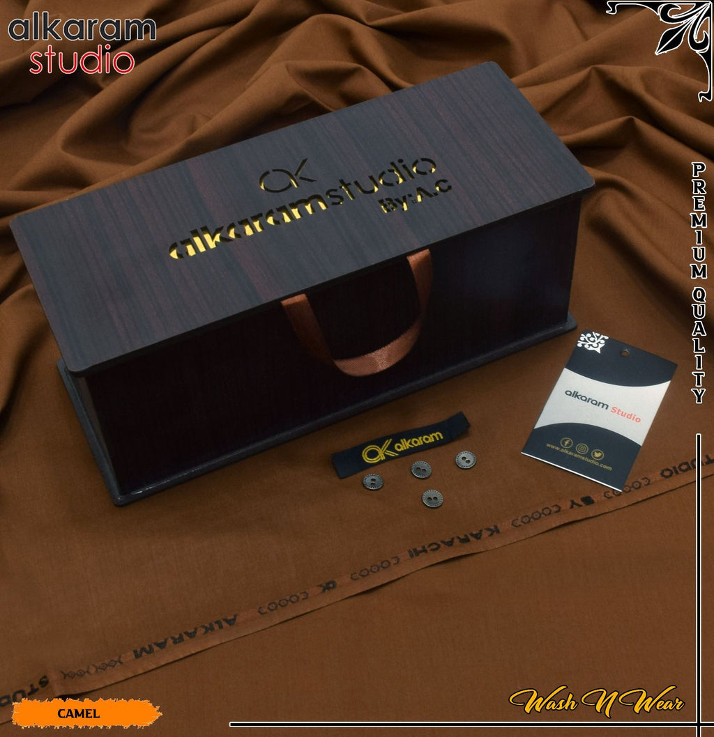 Carnivals Wash&Wear Boski Fabric for Men By Al-Karam in Wooden Box Caramel Dusk
