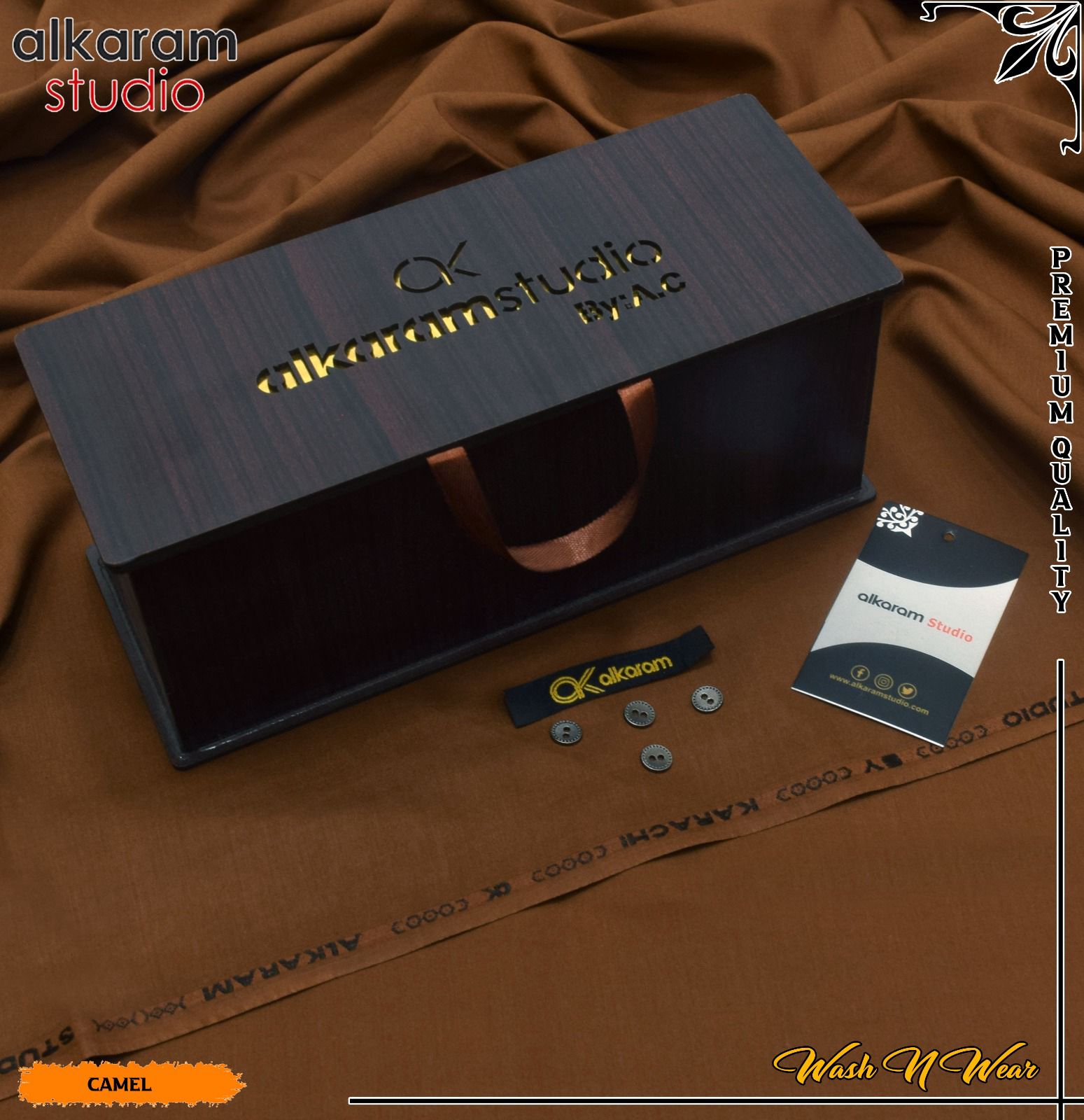 Carnivals Wash&Wear Boski Fabric for Men By Al-Karam in Wooden Box Caramel Dusk