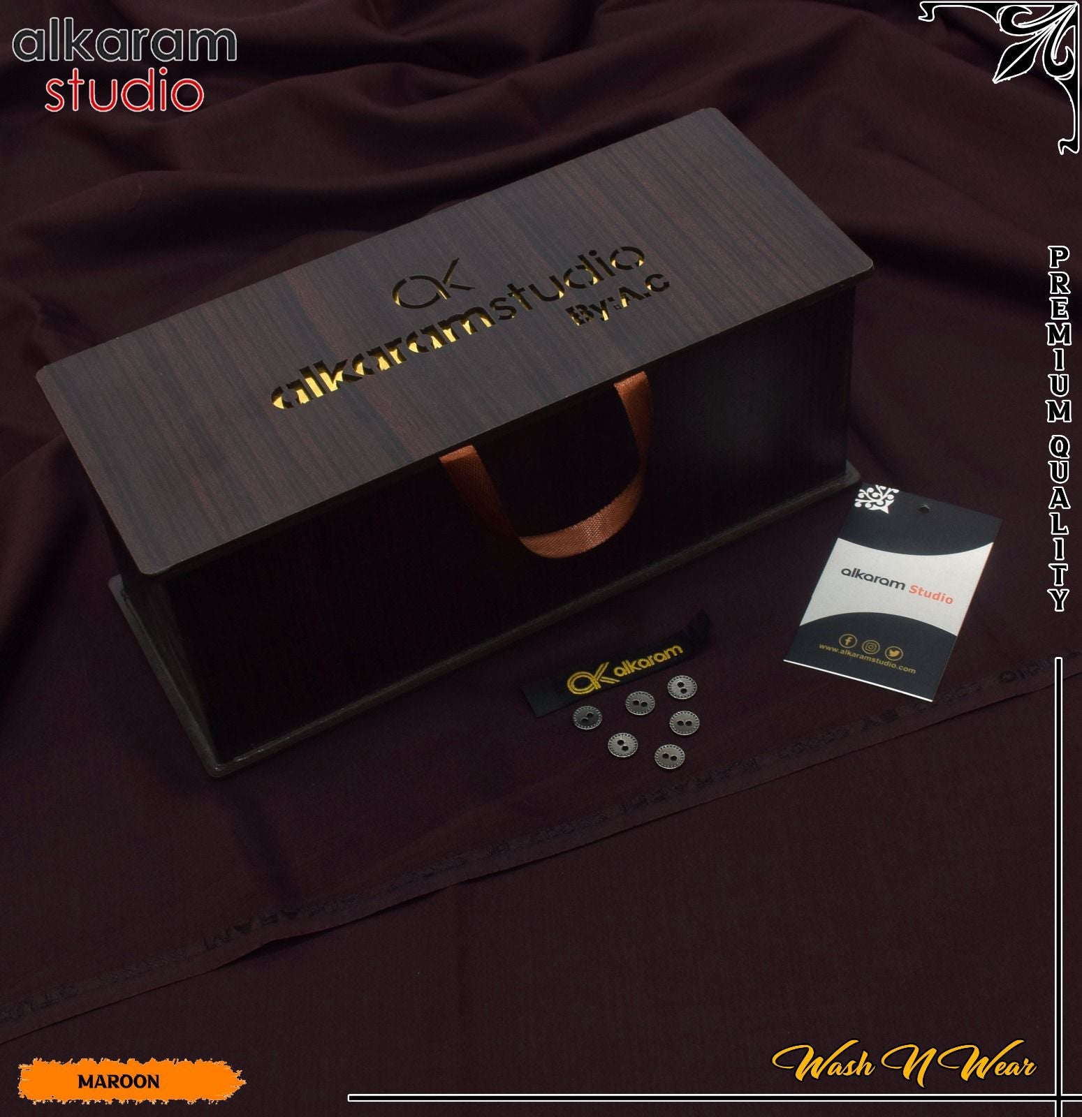 Carnivals Wash&Wear Boski Fabric for Men By Al-Karam in Wooden Box Alkaram Noble Maroon