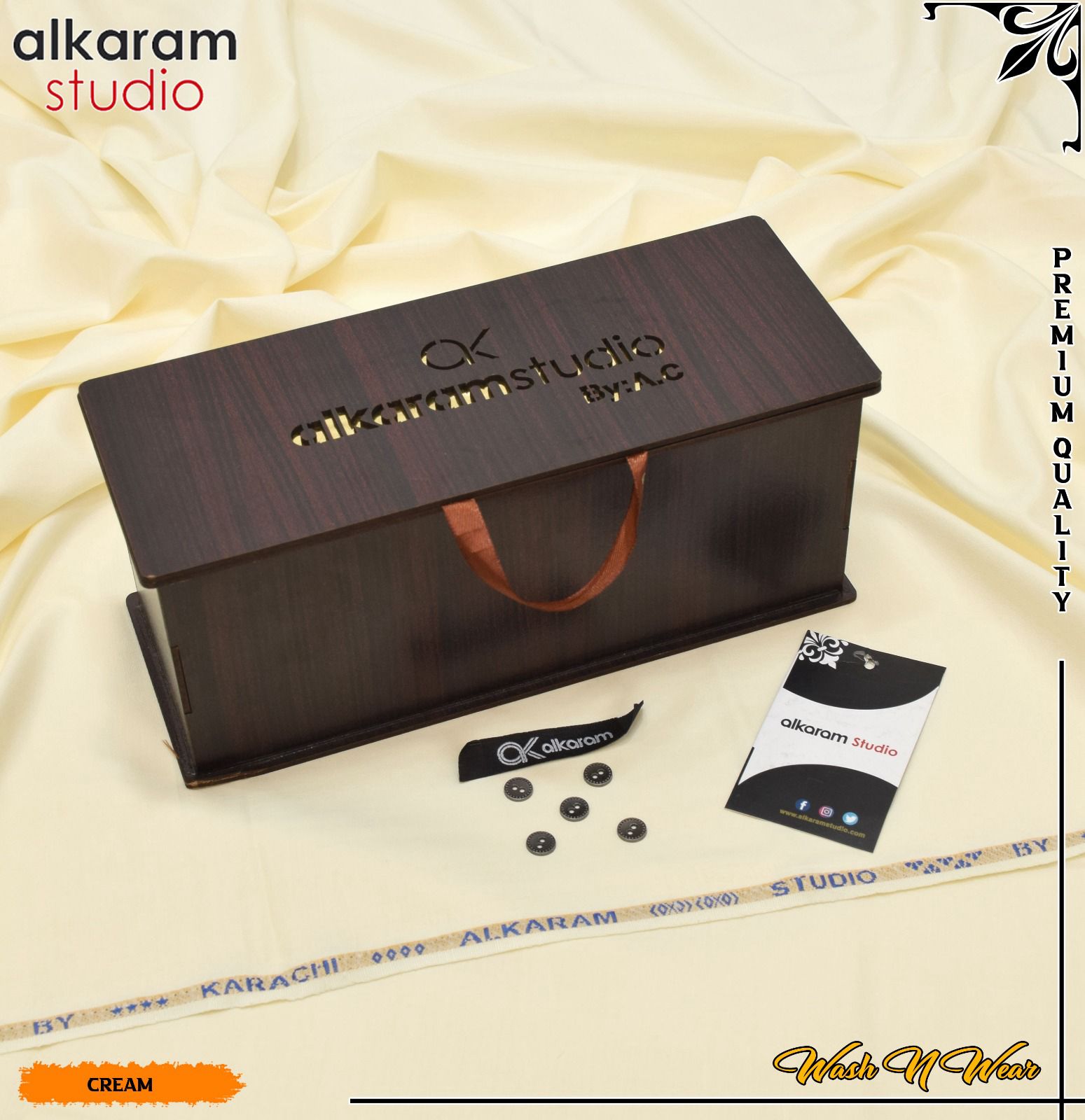 Carnivals Wash&Wear Boski Fabric for Men By Al-Karam in Wooden Box Ivory Aura