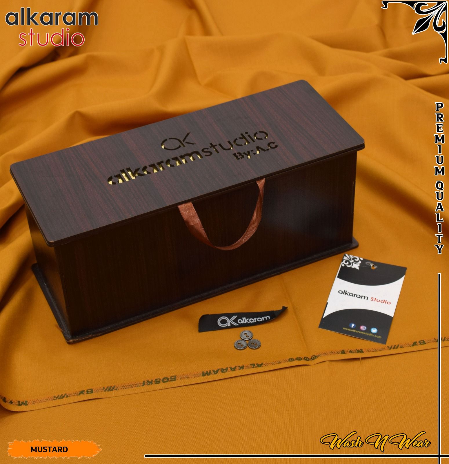 Carnivals Wash&Wear Boski Fabric for Men By Al-Karam in Wooden Box Golden Ochre