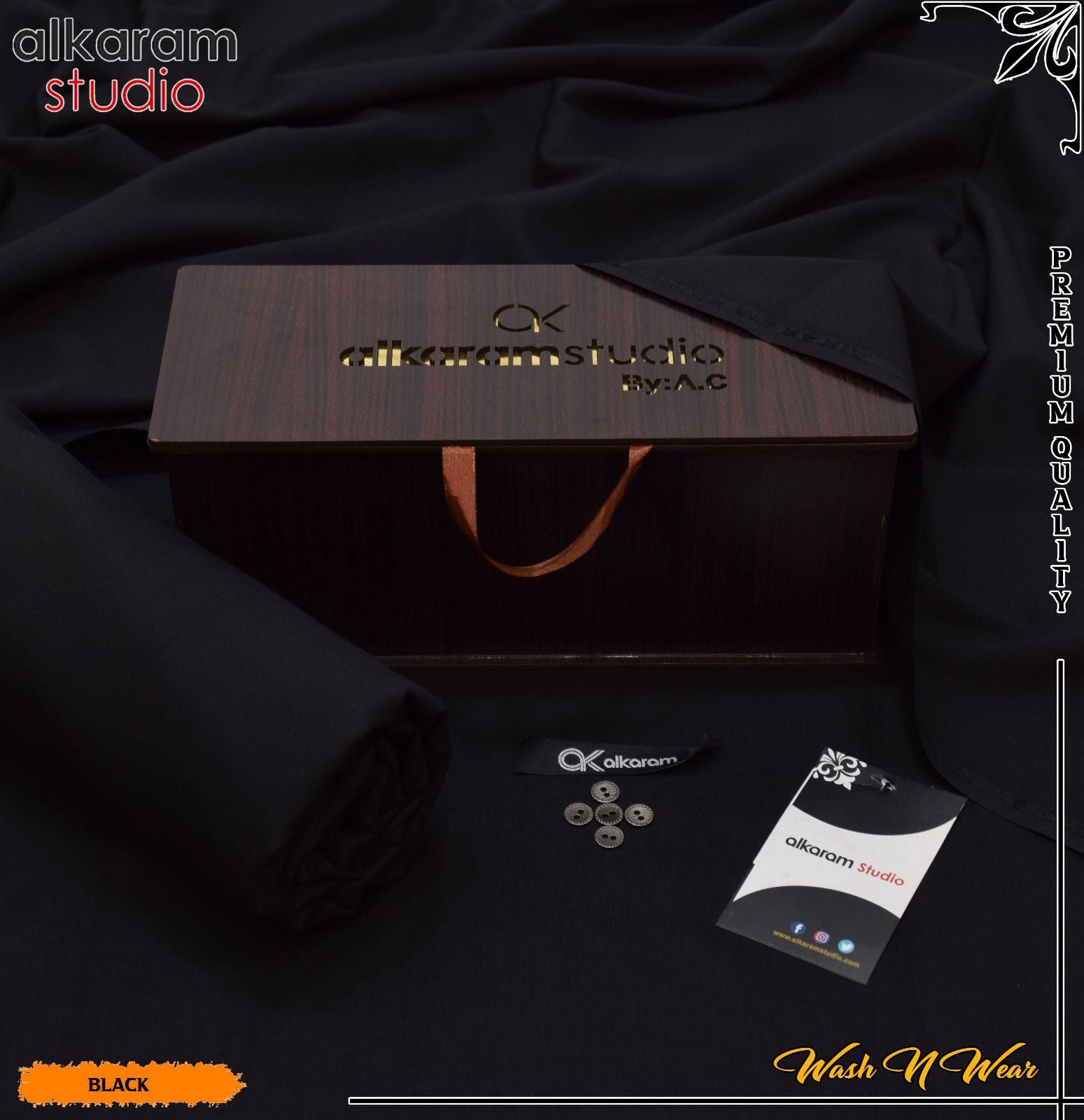 Carnivals Wash&Wear Boski Fabric for Men By Al-Karam in Wooden Box Cosmic Black