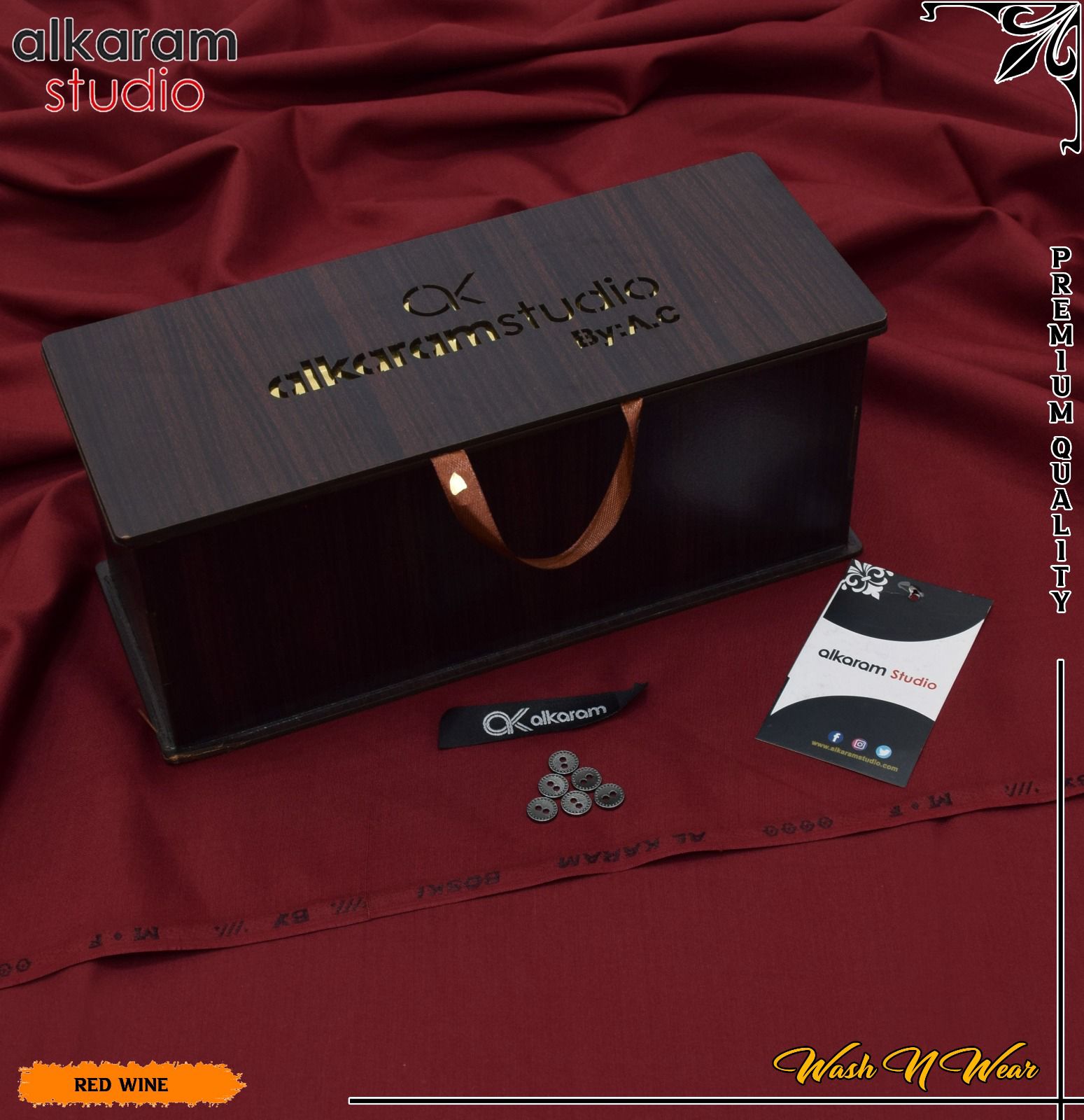 Carnivals Wash&Wear Boski Fabric for Men By Al-Karam in Wooden Box Alkaram Noble Red