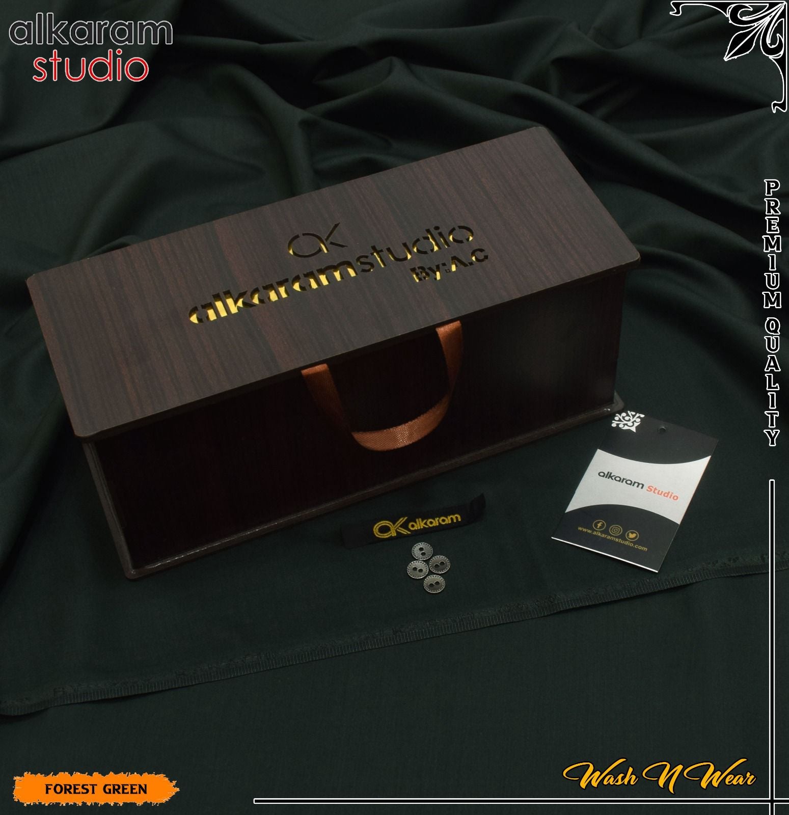 Carnivals Wash&Wear Boski Fabric for Men By Al-Karam in Wooden Box Forest Green