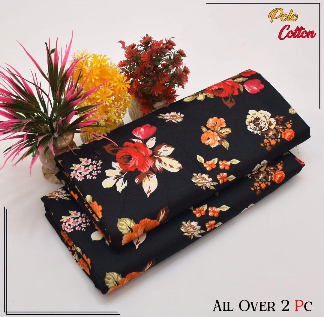 Micro Polo Cotton 2pcs Suit Black Red Rose Floral