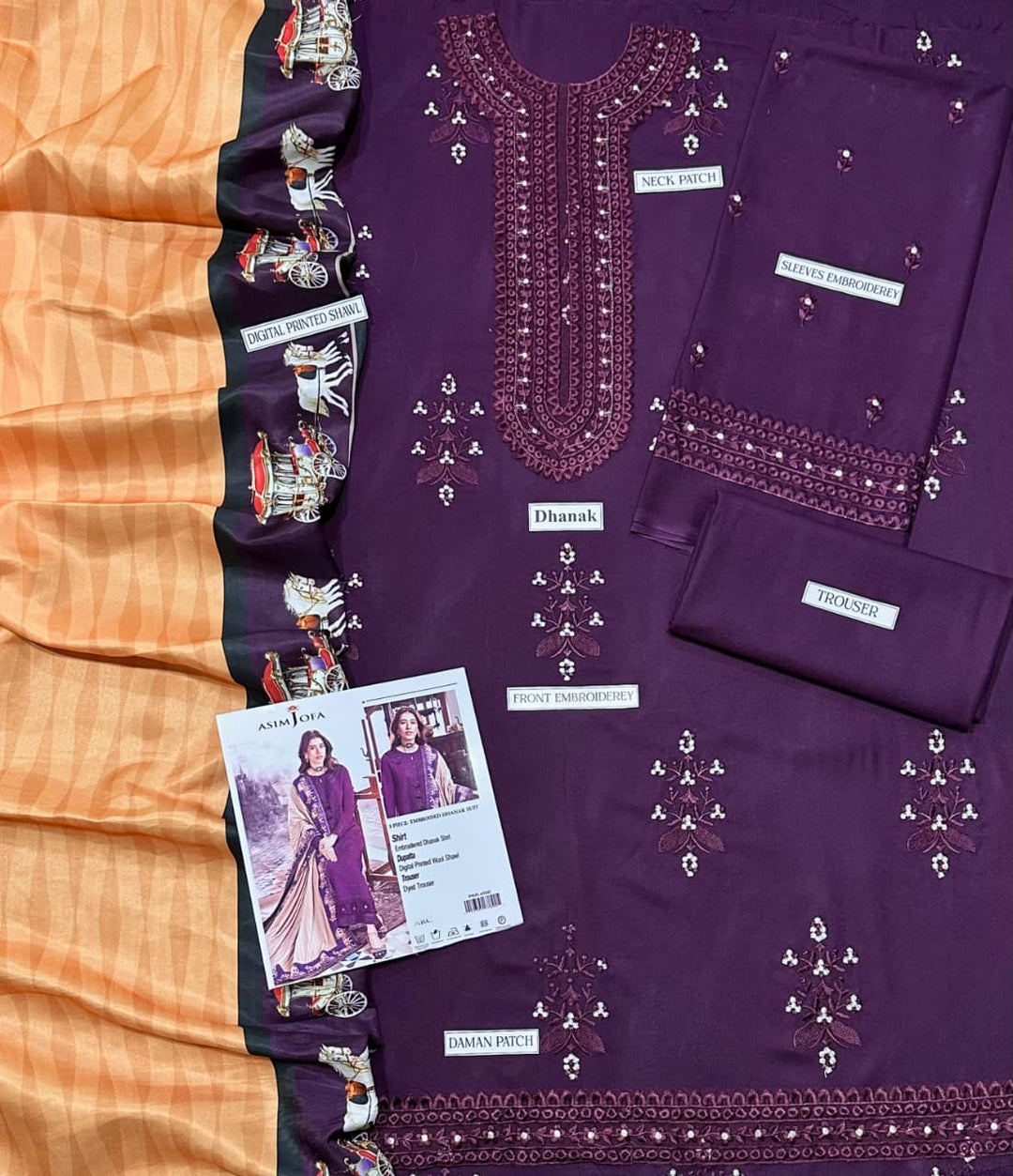 ASIMJOFA Embroidered Dhanak Fency 3pcs Vol 0104