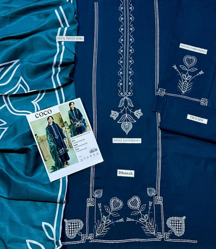 COCO Embroidered Dhanak Fency 3pcs Vol 0129